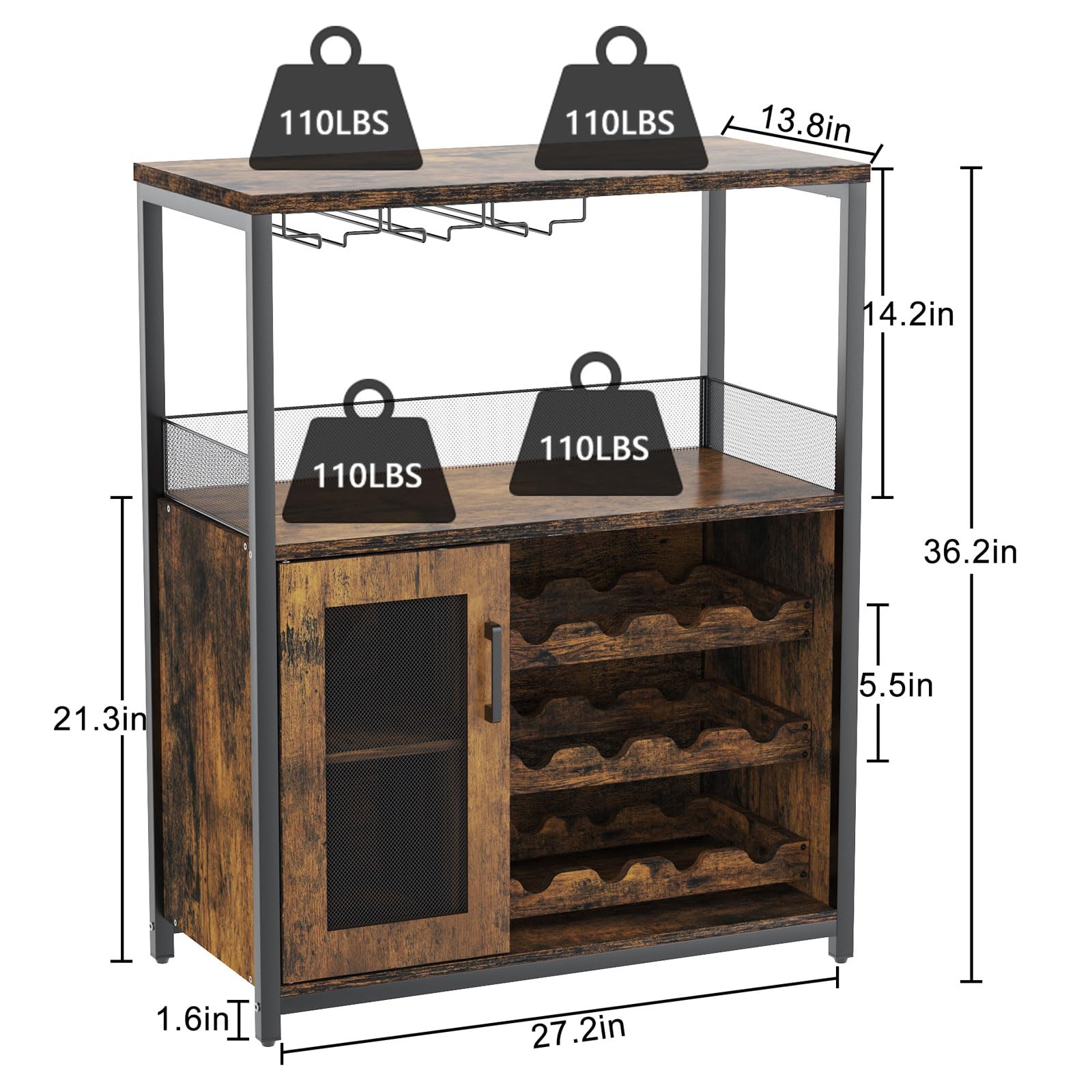 GAOMON Rustic Brown Farmhouse Sideboard & Buffet Cabinet - Coffee Wine Bar with Storage, Detachable Rack, Glass Holder & Mesh Door - Perfect for Dining Room, Kitchen or Home Bar Organization