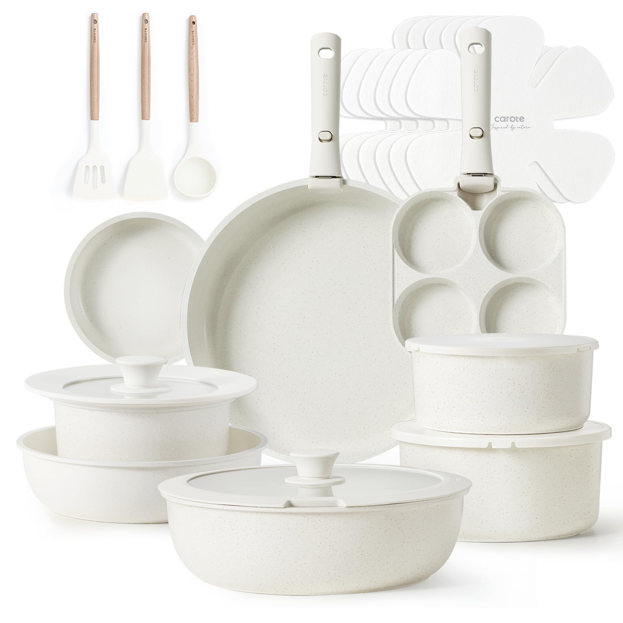 CAROTE 23-Piece Nonstick Cookware Set - Induction Compatible Pots and Pans with Detachable Handle, Oven/Dishwasher Safe, Space Saving Kitchen Set for RV, Apartment & Small Spaces - Cream Color