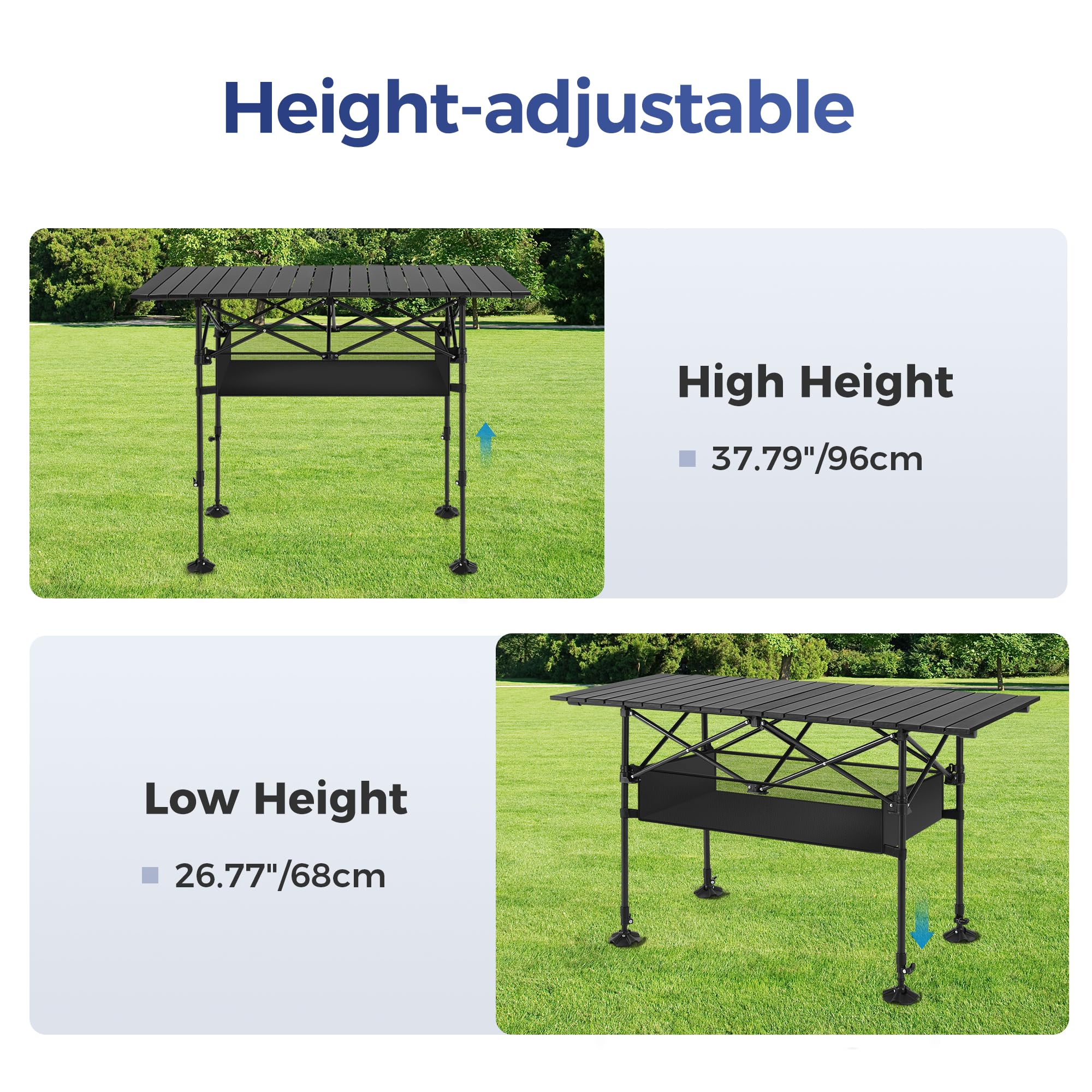 ALPHA CAMP Portable Camping Table with Storage - Adjustable Height Aluminum Outdoor Table for Grill, Picnic, Beach, BBQ & Backyard - Perfect for Travel, Hiking, Tailgating & Outdoor Adventures