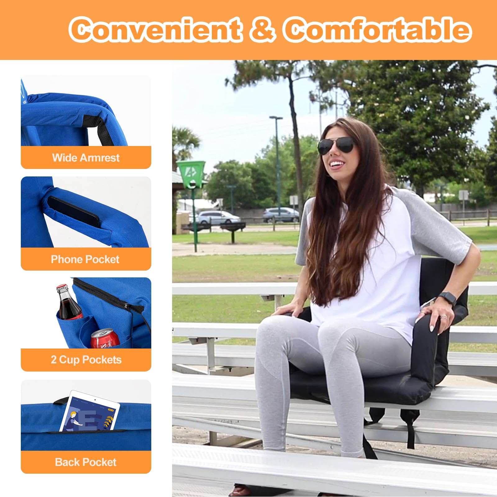 Nalone Folding Stadium Seat Set of 2 - 25 Inch Extra Wide Bleacher Chairs with Back Support, Thick Padded Cushion & Armrests - Portable Reclining Stadium Seats for Sports Games, Concerts, and Outdoor Events (Blue)