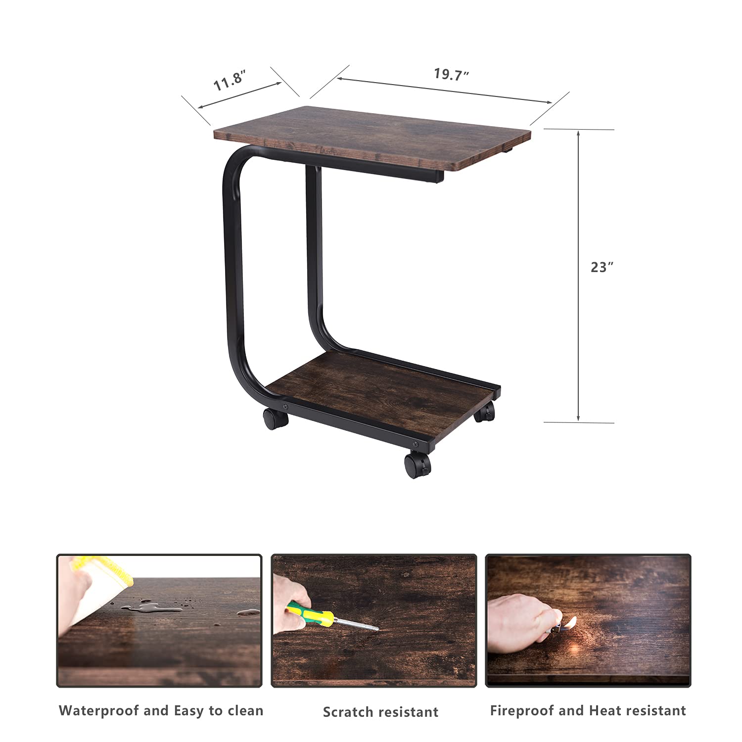 **Rolling C-Shaped End Table with Wheels - Sturdy Wood & Large Steel Tube Frame - Sofa Snack Table, Coffee Tray Stand - Perfect for Living Room, Bedroom & Office (Brown)**