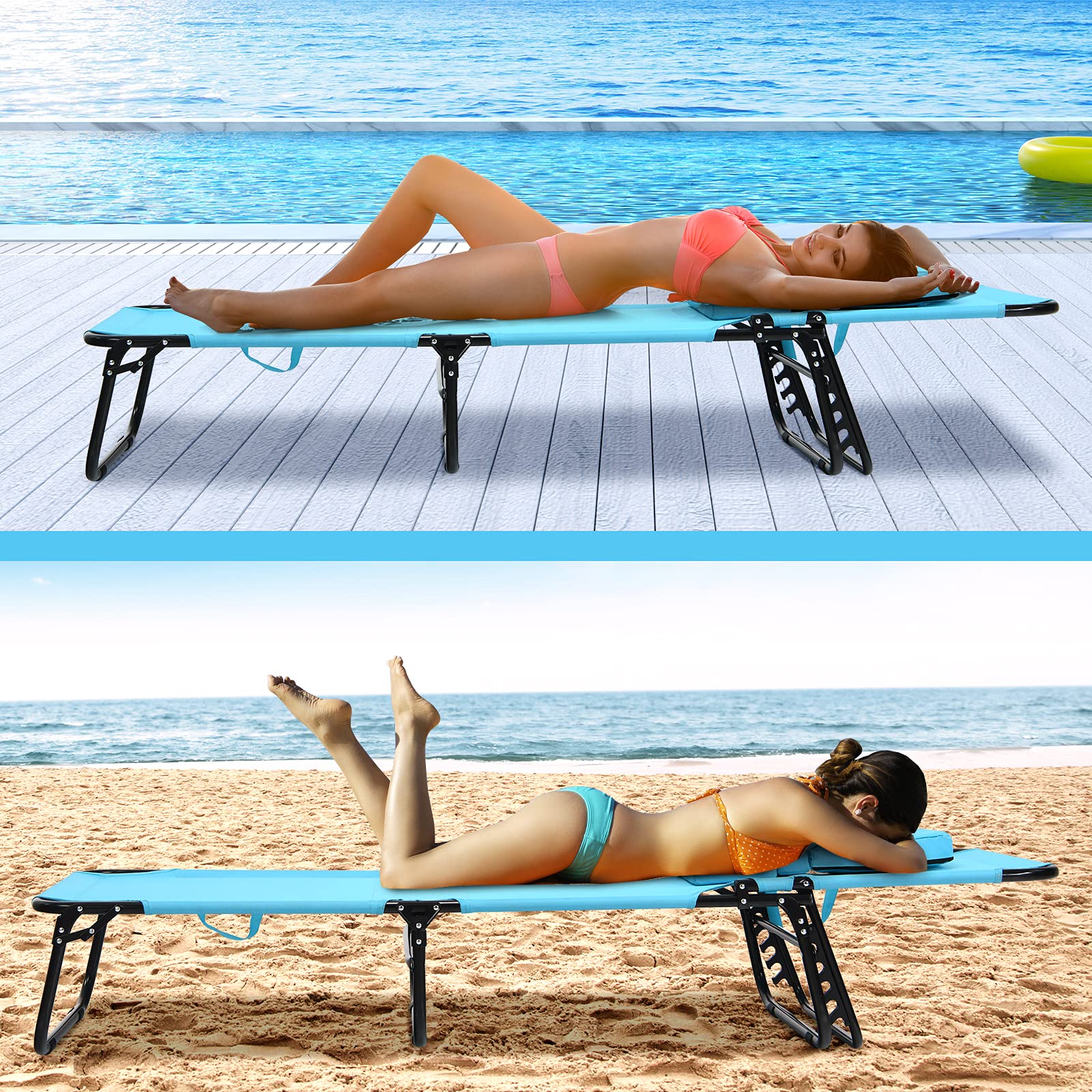 GYMAX Adjustable Folding Beach Lounge Chair - Reclining Sunbathing Chair with Face Hole for Patio, Poolside & Backyard Relaxation | Portable Outdoor Chaise Lounge for Vacation, Camping & Beach Days