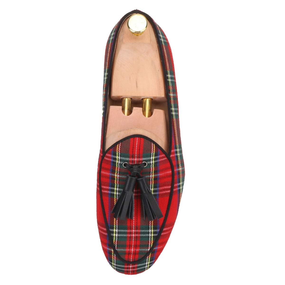 FERUCCI Men's Red Scottish Tartan Slippers - Comfortable Loafers with Black Leather Tassel | Casual House Shoes for Men, Perfect for Indoor Wear, Lounge & Relaxation