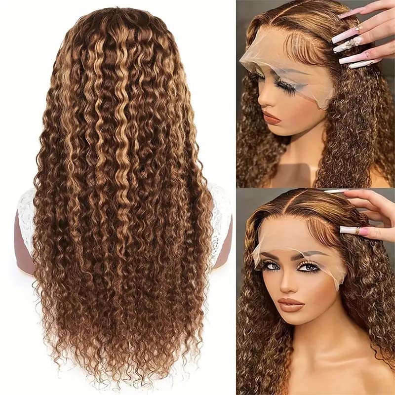 **28inch Pre-Colored Human Hair Curly Wig - Burgundy/Brown/Highlight 13x4 Lace Frontal Wig | Natural Look & Heat Resistant | Perfect for Cosplay, Parties & Daily Wear**