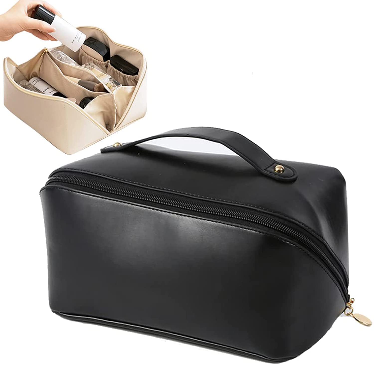 Premium Large-Capacity Leather Makeup Bag - Waterproof Travel Cosmetic Organizer with Brush Slots & Dividers for Women | Perfect for Toiletries, Cosmetics & Travel Essentials (Black) - Ideal for Vacation, Business Trips & Daily Use