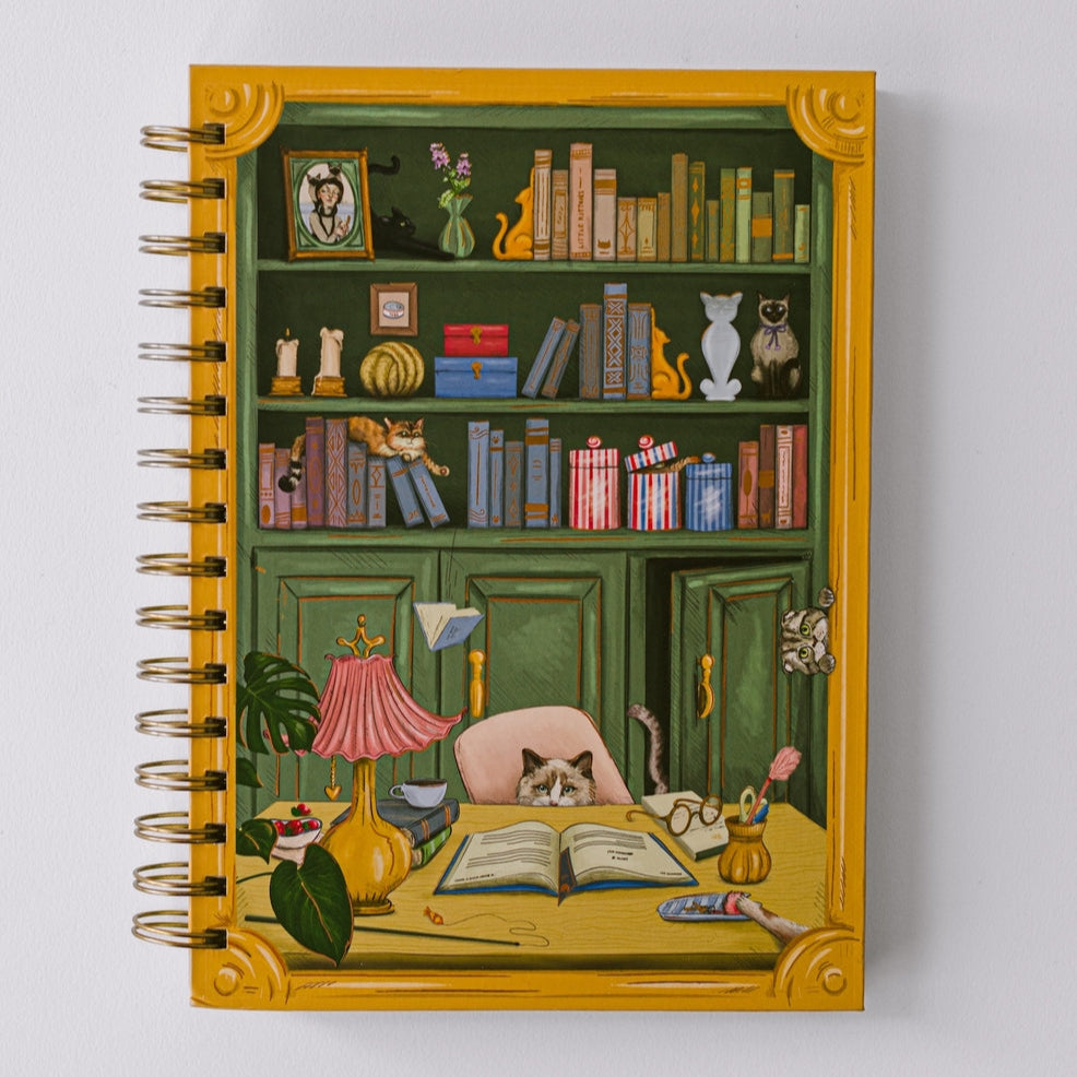 Premium Cat Library Spiral Notebook - Cute Feline Design College Ruled Journal for Students & Writers - Perfect for Note Taking, Journaling & Gift Giving