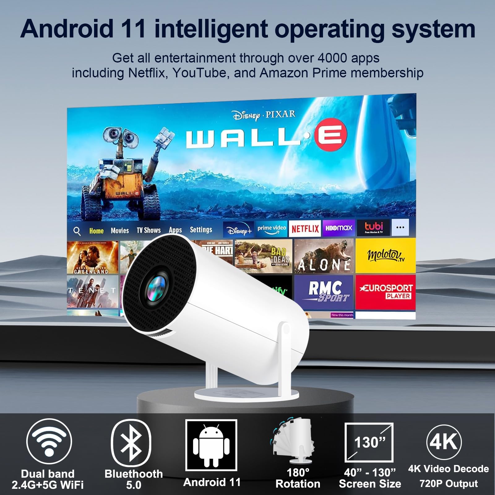 4K Portable Mini Projector with WiFi & Bluetooth - Auto Keystone, HD Projector for Outdoor Movies, Home Theater & Gaming - Compatible with Android, iPhone, Laptop, TV, Fire Stick via HDMI/USB/AV