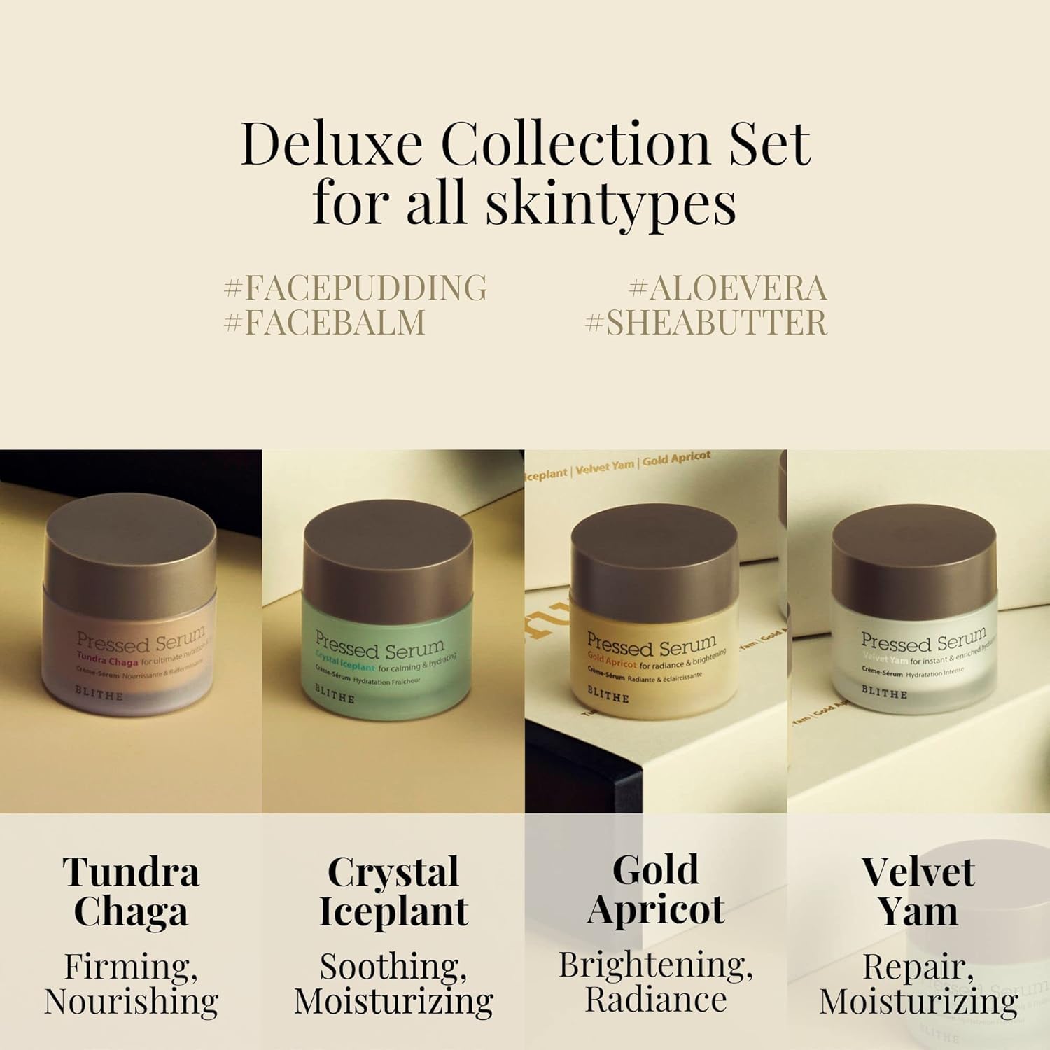 Blithe Pressed Serum Deluxe Collection - Hypoallergenic Korean Face Moisturizer with Chaga, Iceplant, Yam & Apricot - 4pc Box Set (0.74 Fl Oz Each) for Dry, Sensitive Skin - Day & Night Hydration for All Seasons