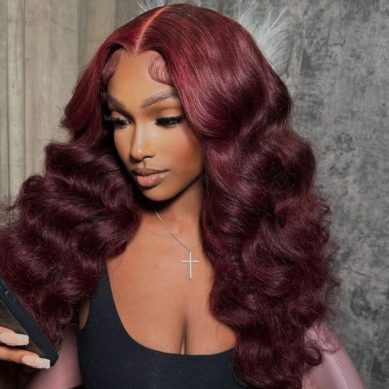 Eullair Pre-Colored Dark #99J Burgundy Frontal Wig - Natural Looking Human Hair Lace Front Wig for Women | Perfect Fall Color for Daily Wear, Parties & Special Occasions