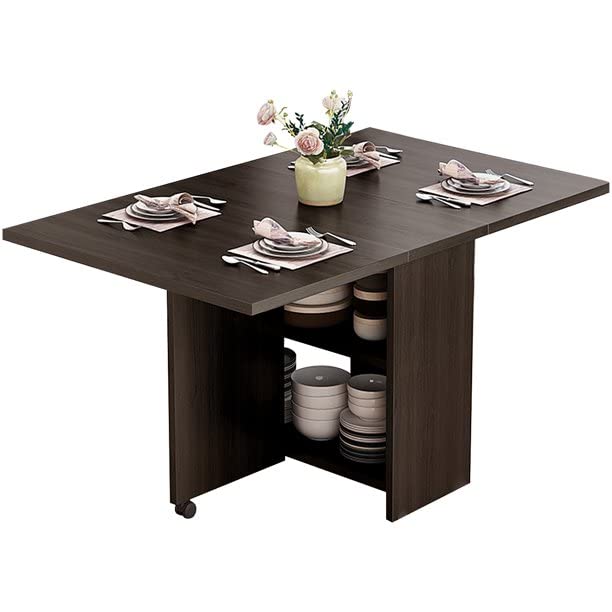 Space Saving Drop Leaf Dining Table with 2-Tier Storage - Folding Extendable Kitchen Table for Small Spaces | Perfect for Apartments, Studio Living & Compact Homes