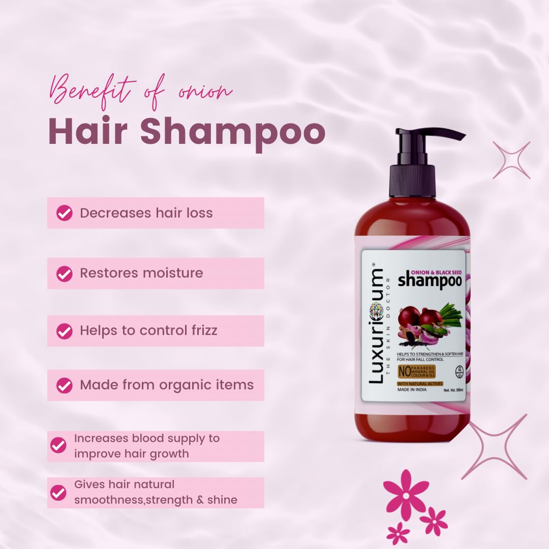LUXURIOUM Onion Shampoo for Hair Growth & Hair Loss Prevention with Black Seed Oil - 300ml | Anti-Dandruff Treatment | Sulfate & Paraben Free | For Men & Women | Promotes Hair Regrowth & Scalp Health | Perfect for Daily Use & Thinning Hair Care