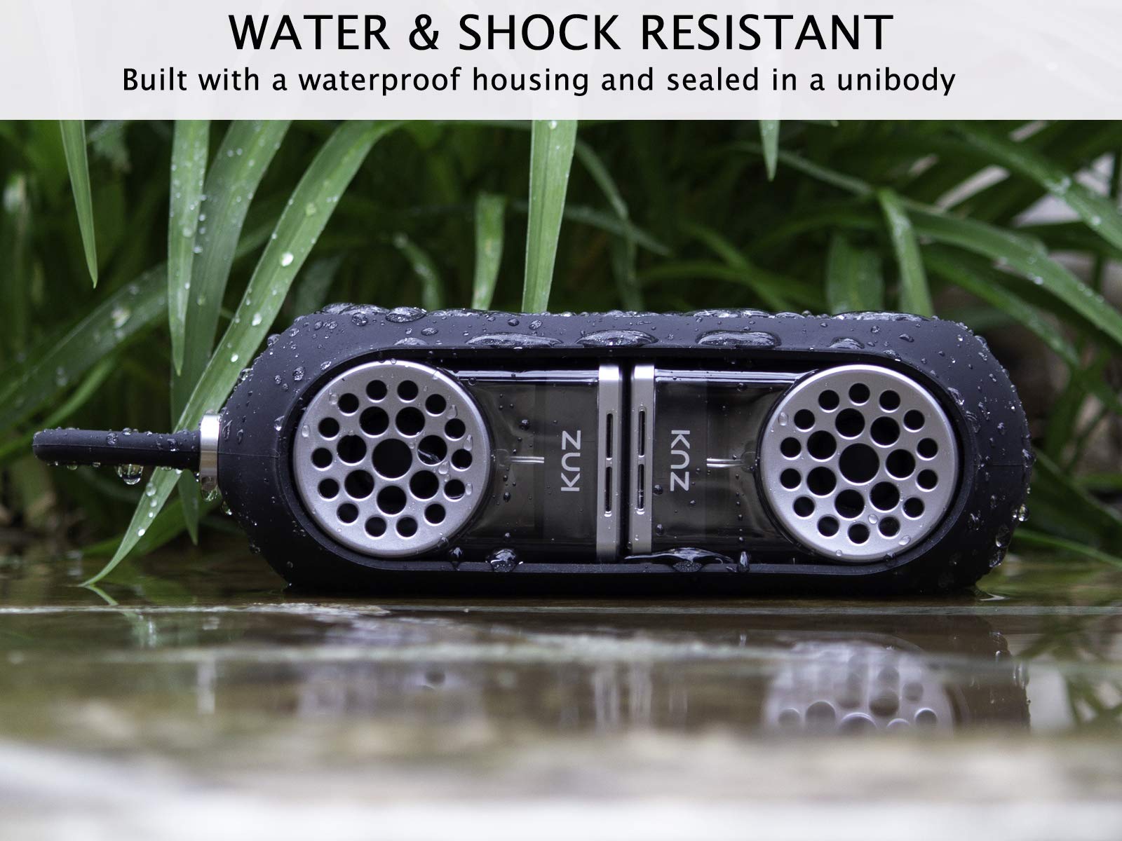 KNZ GoDuo Wireless Bluetooth Speakers - Magnetic Connectable Base, True Stereo Sound with Deep Bass, IPX7 Waterproof & Shockproof, 18-Hour Playtime, Built-in Mic, Includes Protective Case (Black) - Perfect for Outdoor Adventures, Pool Parties & Travel