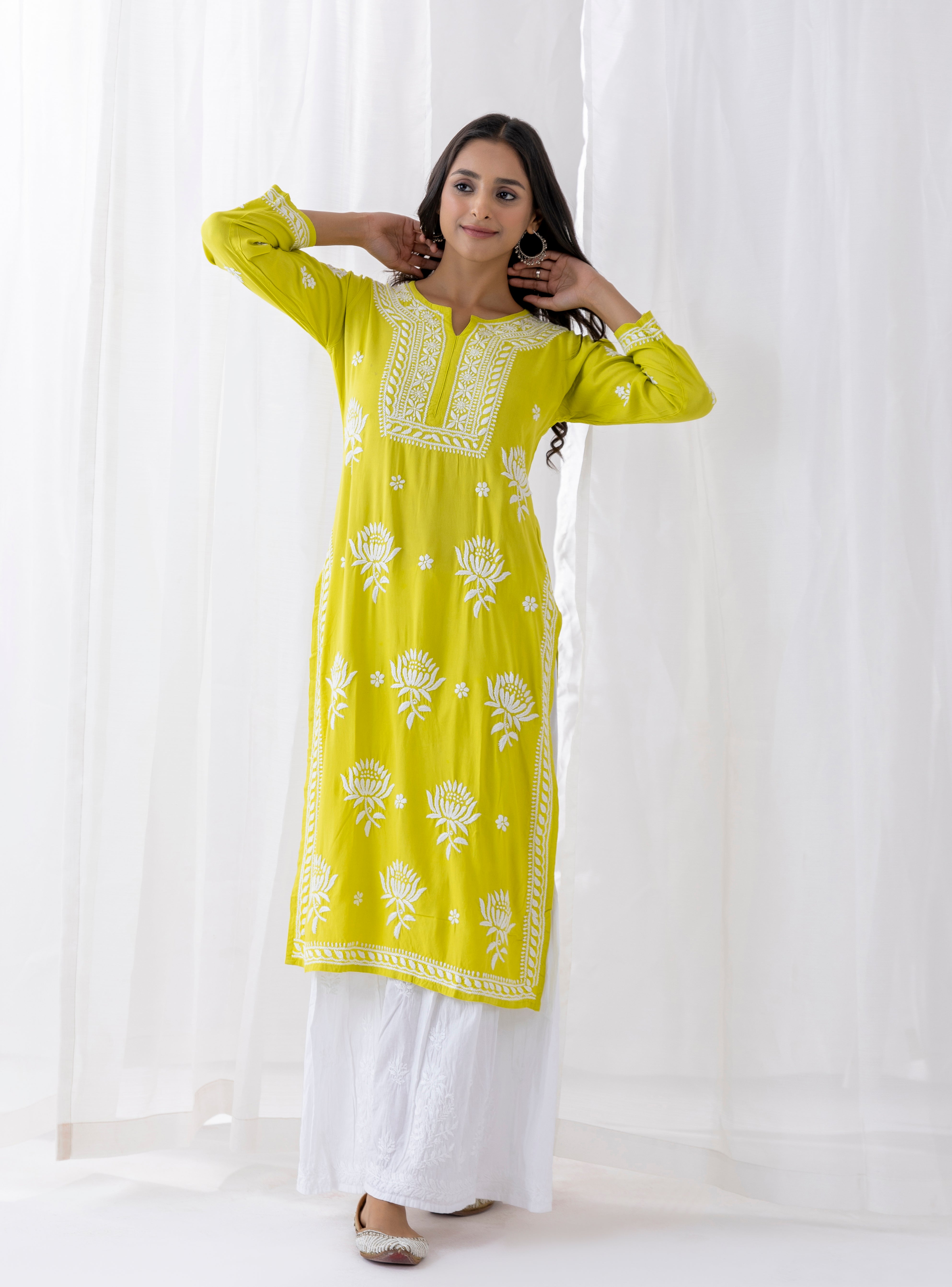 Fizaa Kurta with Chikankari Hand Embroidery Lemon - Elegant Embroidered Cotton Tunic for Women | Perfect for Festivals, Weddings & Casual Wear
