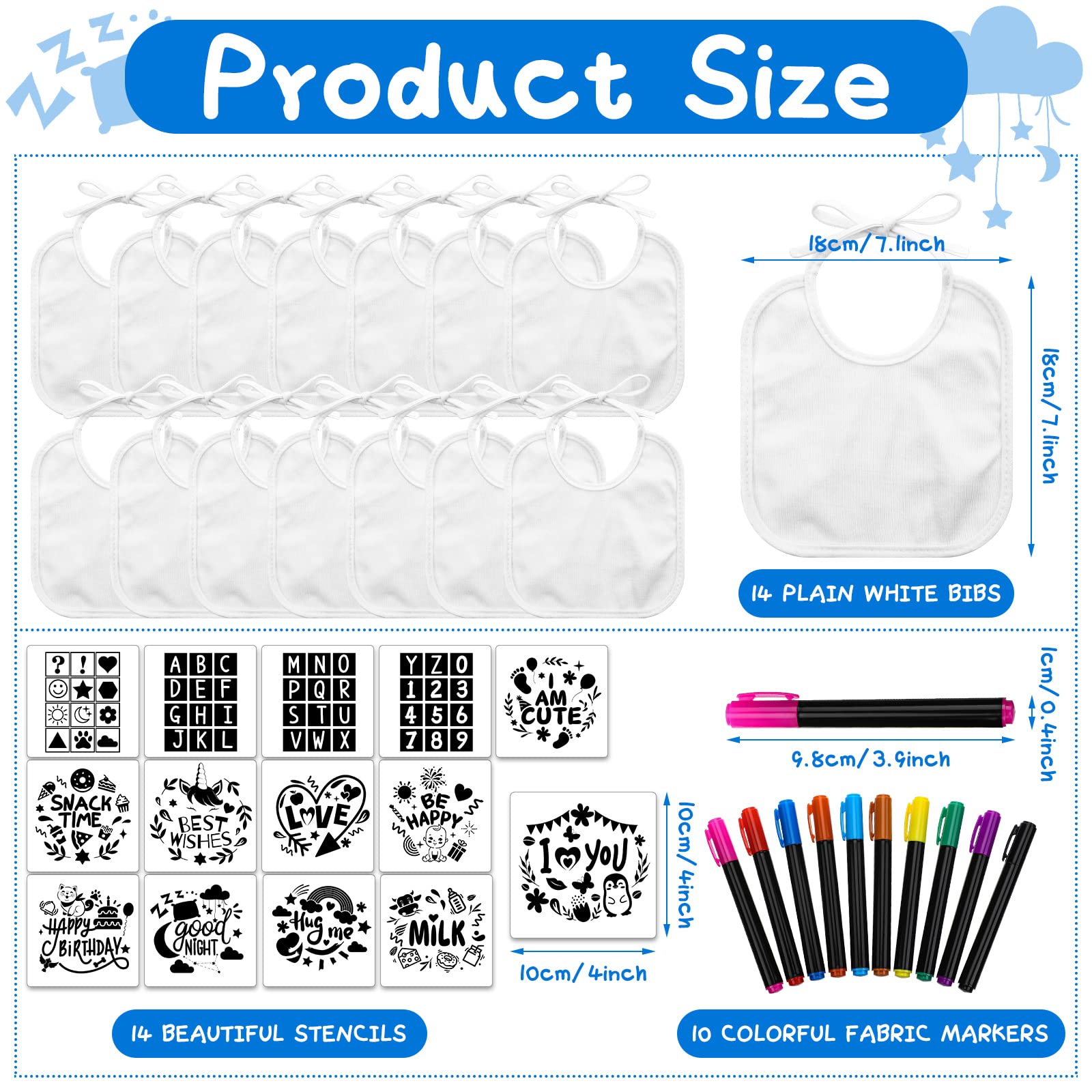 Jutom 38-Piece DIY Baby Bib Decorating Kit - 14 Bibs, 14 Stencils, 10 Fabric Markers & 2-Ply Feeder Bibs for Baby Shower Games, Birthday Parties & Creative Crafting