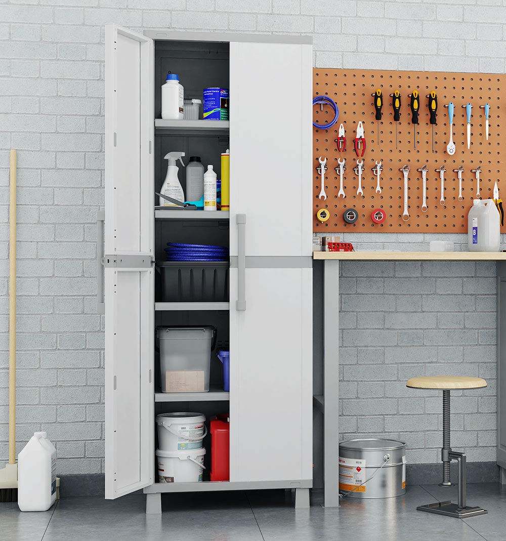 Keter Storage Cabinet with Doors and Shelves - White & Grey Organizer for Laundry Room, Garage, Bathroom, Closet | Perfect for Home Organization and Space Saving Solutions