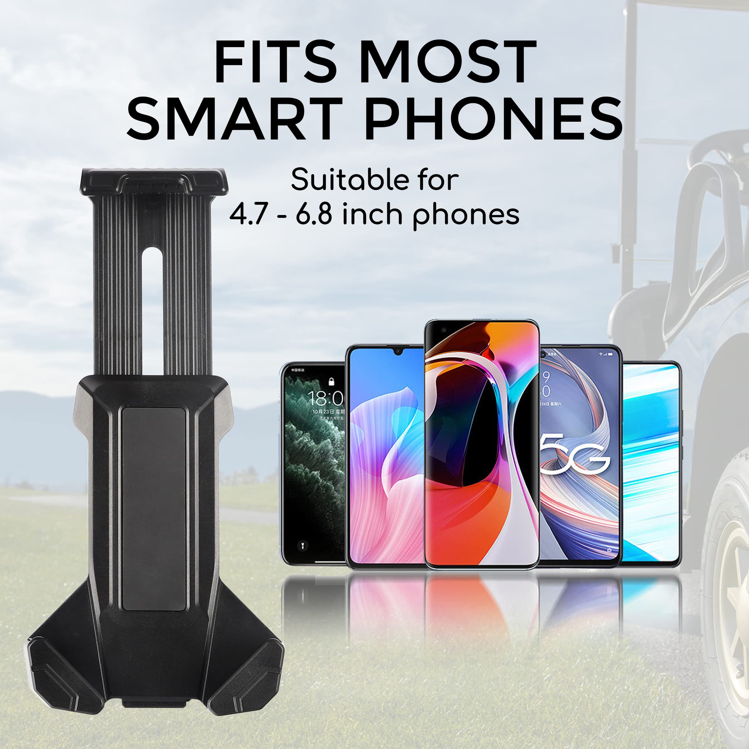 AlphaTailSupplies Golf Cart Phone Holder - Universal Mount for Golf Carts, Push Carts & Alignment Sticks | Secure Cell Phone Mount for Golfing, Biking, Boating & Strollers | Durable Hands-Free Device Holder for Outdoor Activities