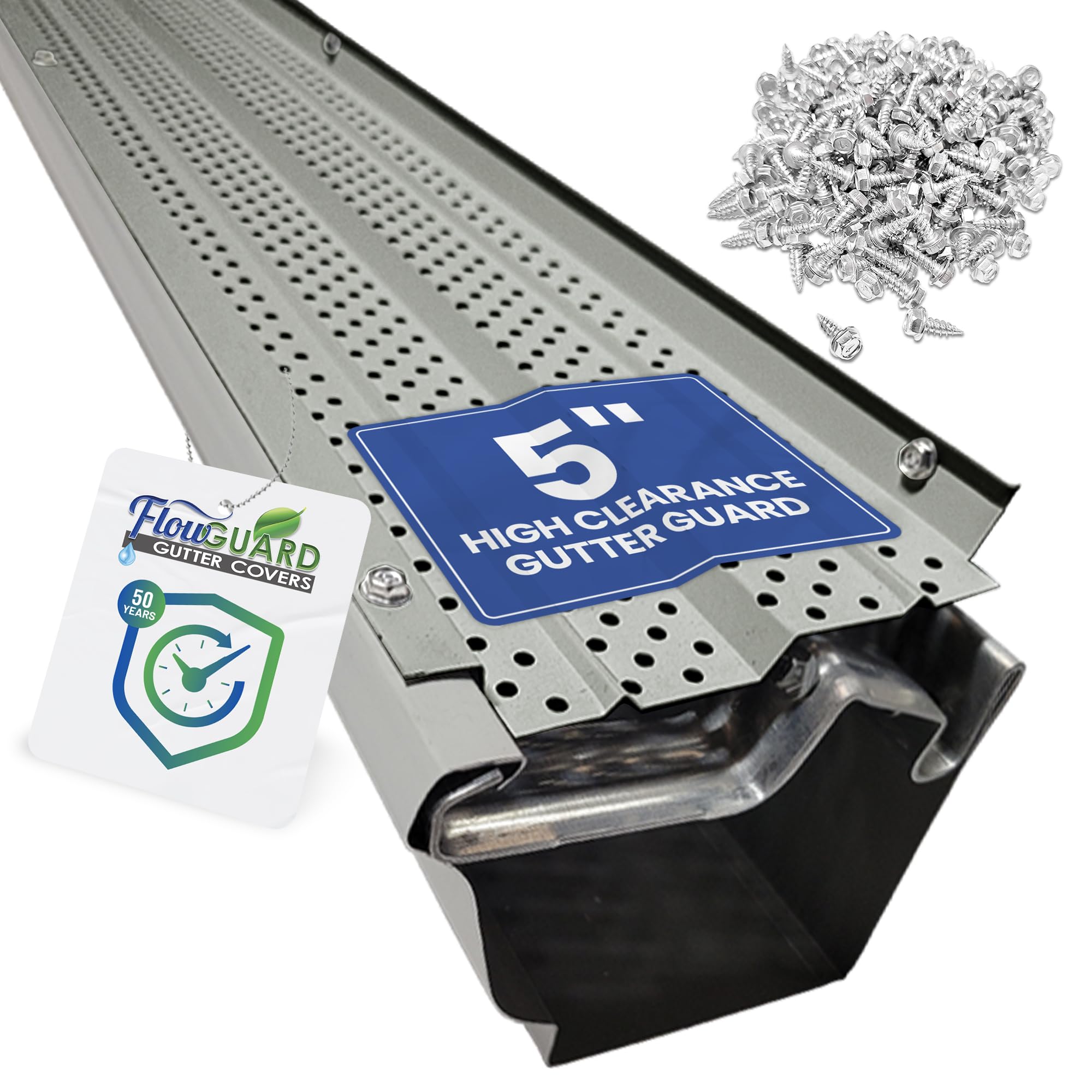 FlowGuard USA Made Professional DIY 5 Inch High Clearance 50-Year Gutter Cover System - Matte Aluminum Gutter Guards (125 Feet) by FlexxPoint - Perfect for Home Roof Protection & Leaf Debris Prevention