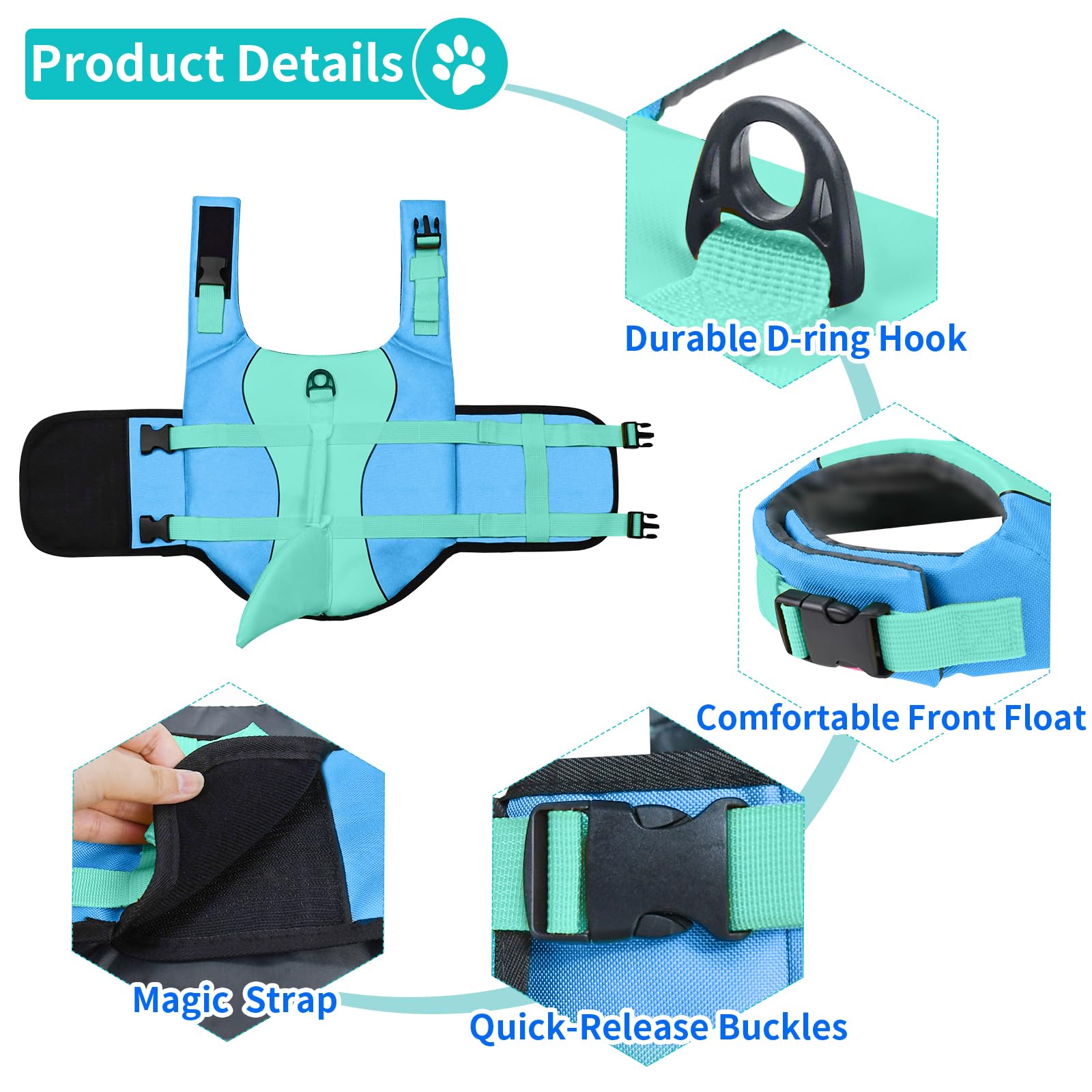 Malier Ripstop Dog Life Jacket - High Buoyancy Swim Vest for Small/Medium/Large Dogs | Shark Design Puppy Life Saver for Boating & Water Safety | High Visibility Dog Floatation Device for Swimming, Kayaking & Beach Days