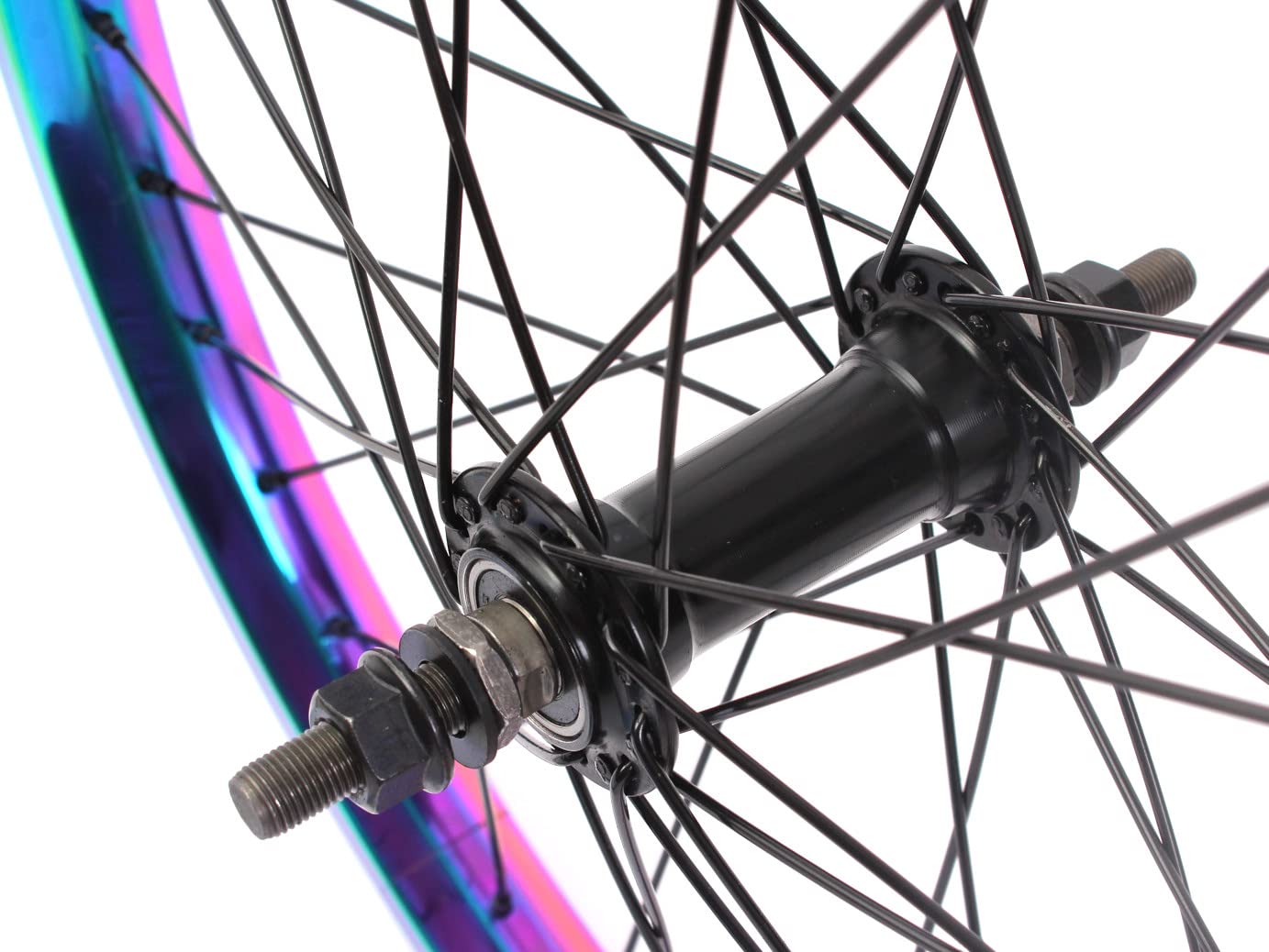 Premium KHE BMX Wheel Set - Oil Slick Aluminium Rim, MVP 36H, 14mm 9T Sprocket with Rim Tape - Perfect for BMX Racing, Street Riding & Freestyle Tricks