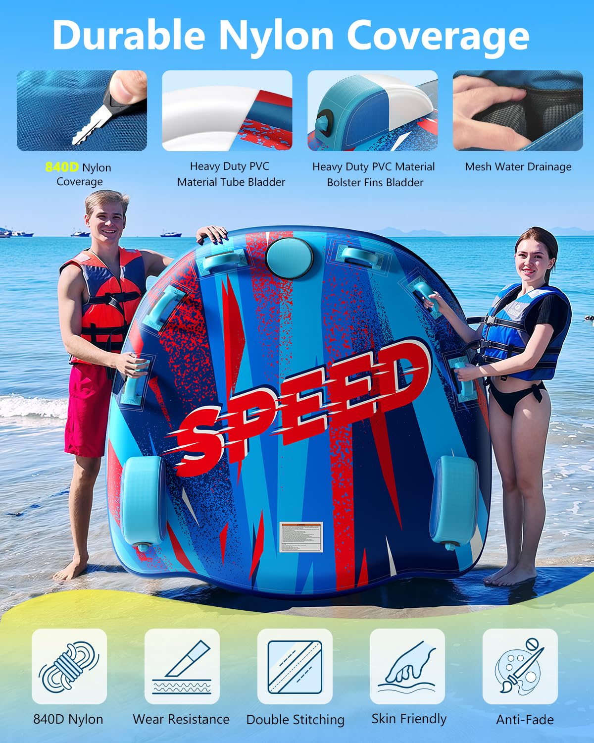 **Heavy Duty Inflatable Towable Tube for Boating - 1-3 Riders, Speed Water Sport Tube with Zippered Nylon Cover, Bolster Fins & Safety Air Valve - Perfect for Lake, River & Ocean Fun**