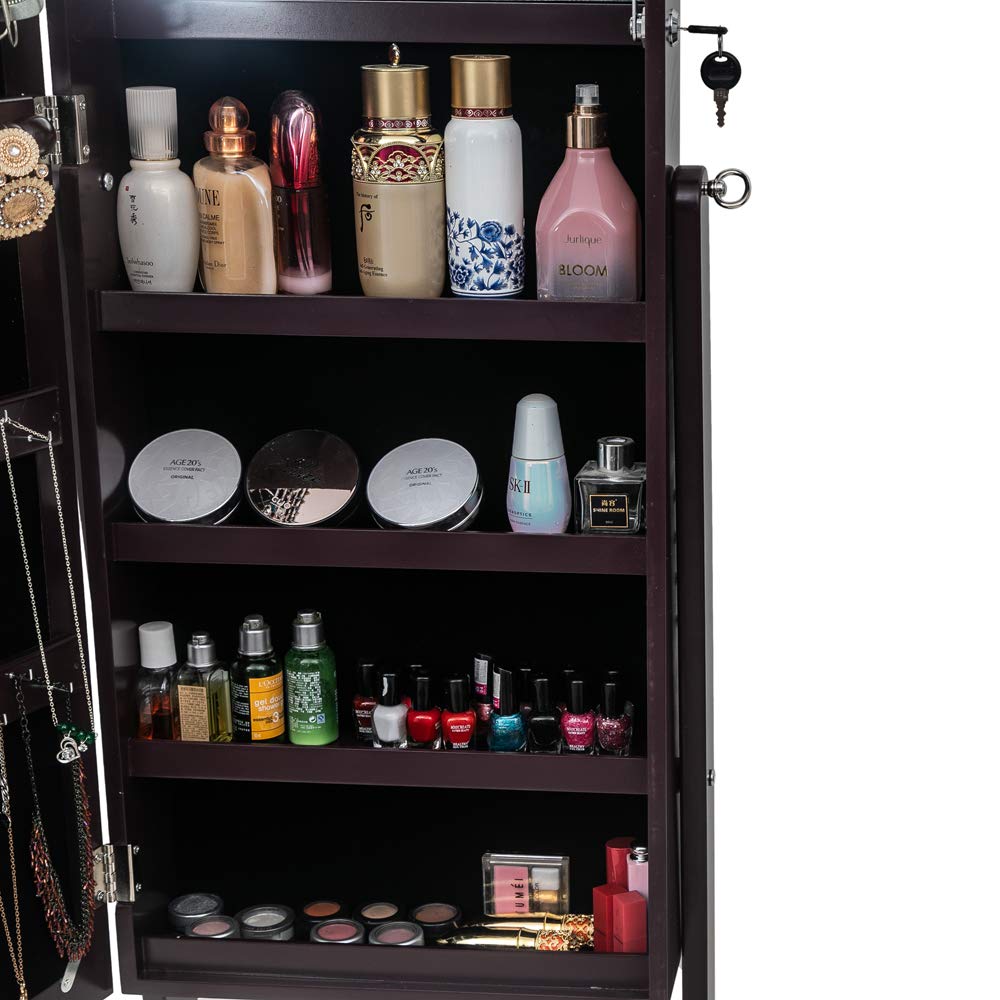 Lockable Jewelry Armoire Cabinet with Full-Length Mirror - Dark Brown Wooden Floor Standing Jewelry Storage Organizer for Bedroom, Closet & Dressing Room