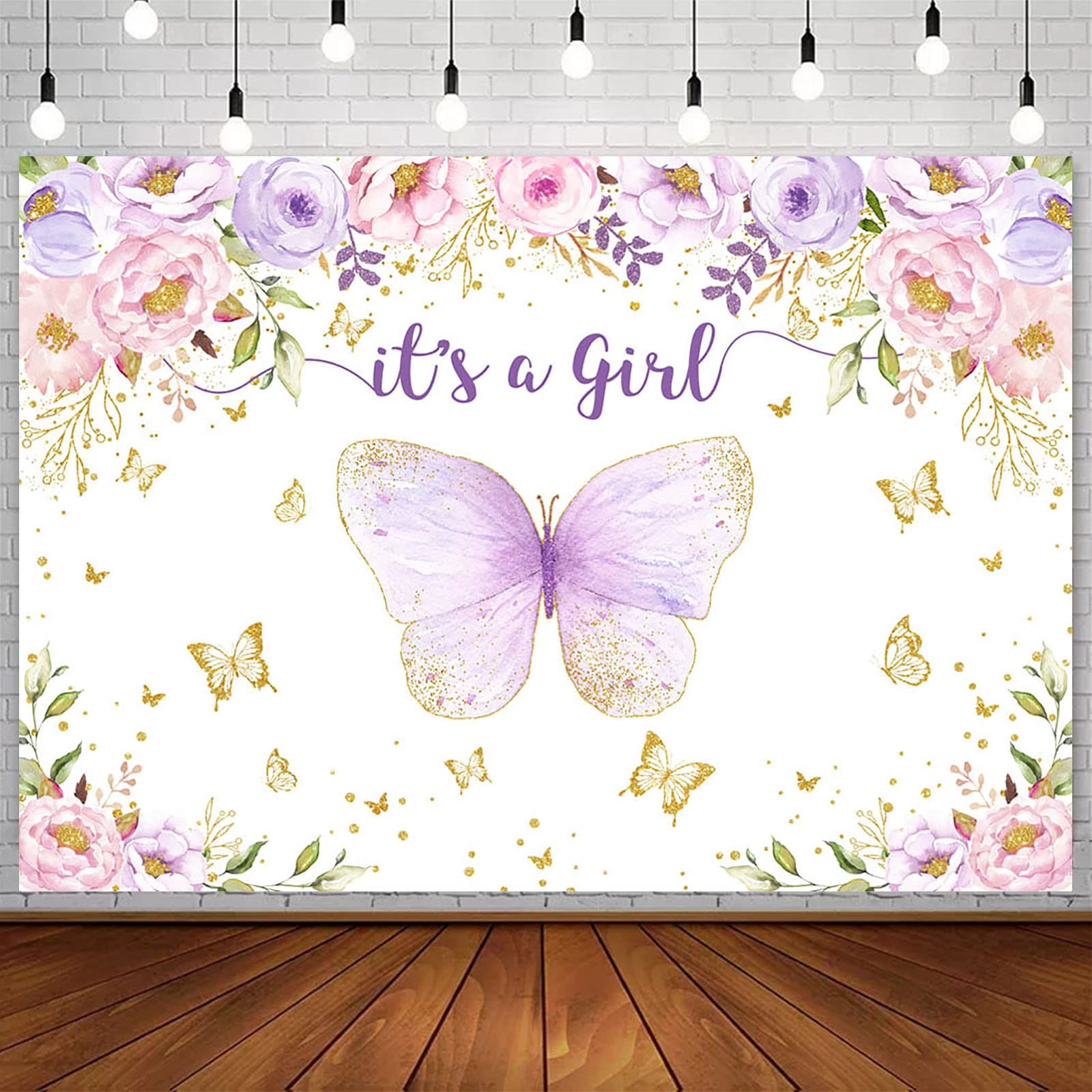 Purple & Pink Floral Gold Dot Butterfly Baby Shower Backdrop - 7x5ft It's a Girl Party Decor, Photo Booth Banner for Baby Shower, Gender Reveal & Nursery Decorations