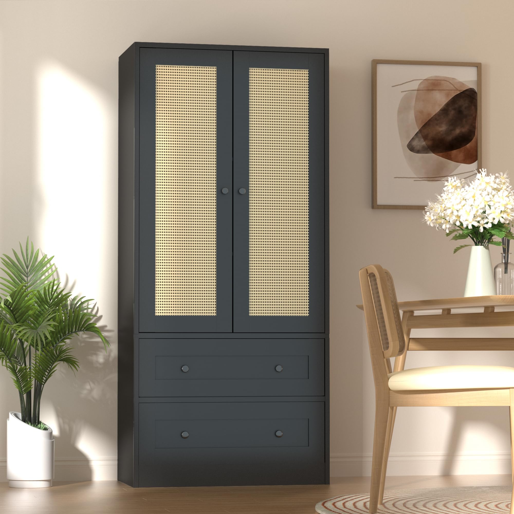 Rattan Black Kitchen Pantry Cabinet - 64.2