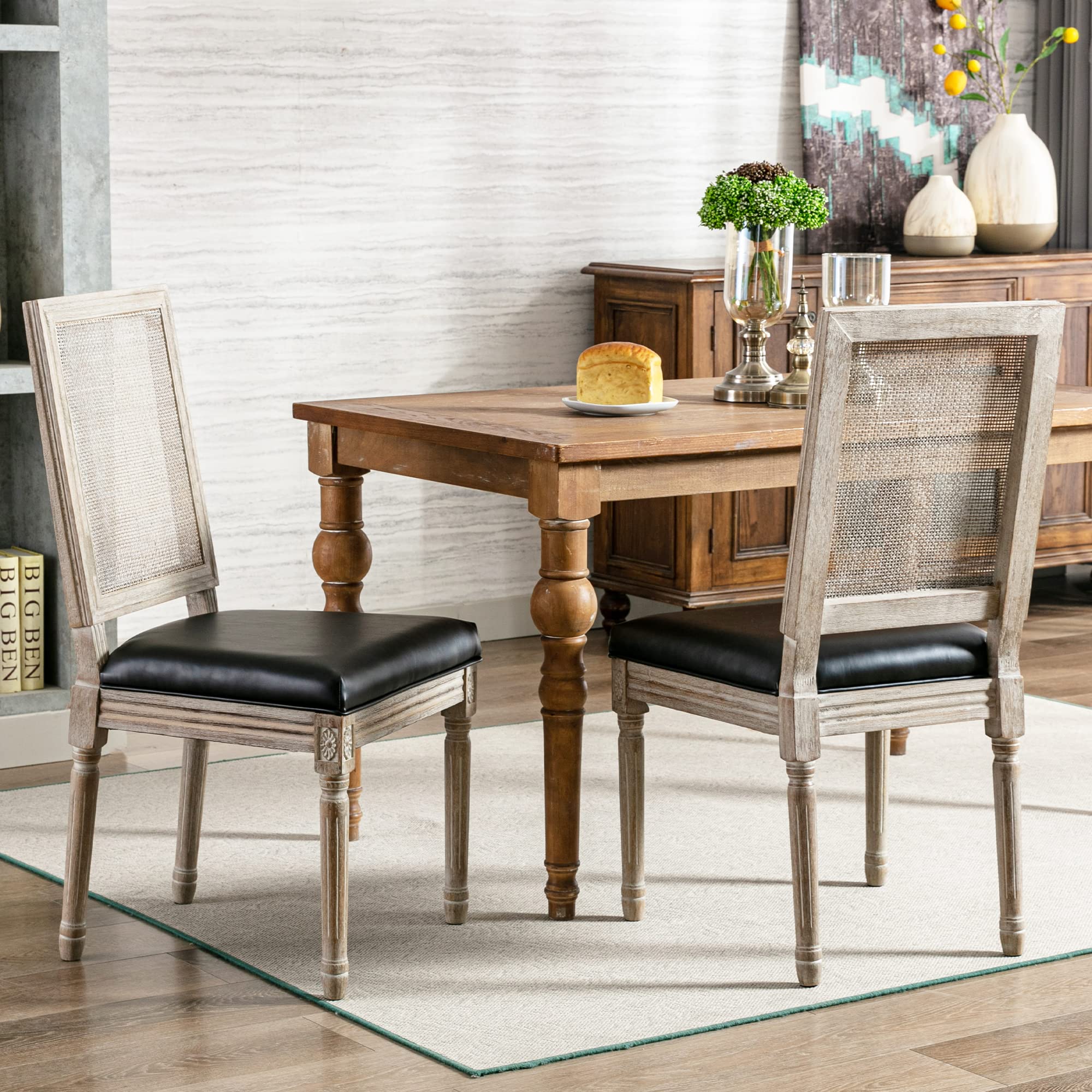 DM Furniture Mid Century Modern Black Leather Dining Chairs Set of 2 - Upholstered Parsons Accent Side Chairs with Rattan Back - Perfect for Kitchen, Dining Room, Living Room & Bedroom Decor