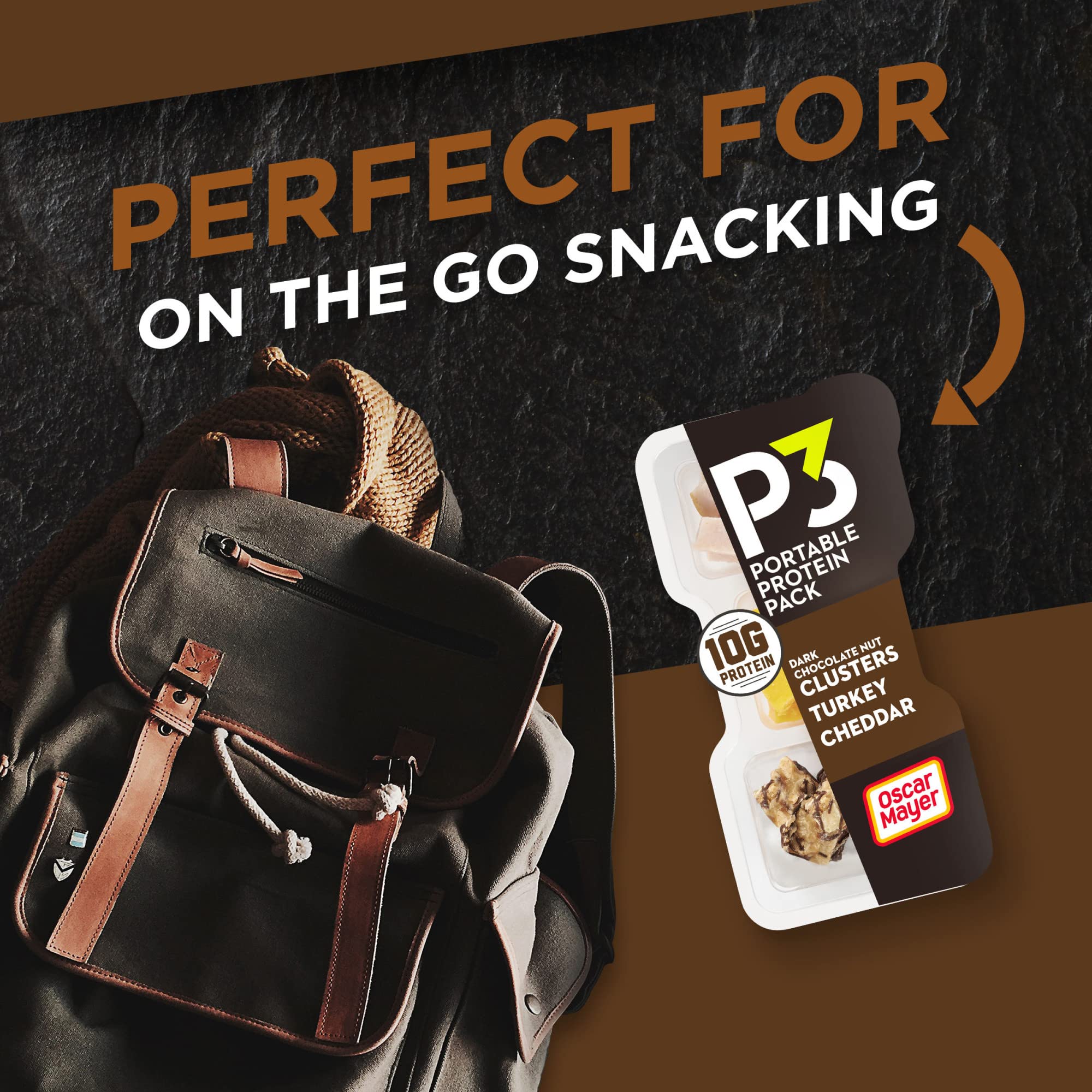 P3 Portable Protein Snack Pack with Dark Chocolate Almond Nut Clusters, Turkey & Cheddar Cheese - 2 oz Tray | High Protein On-the-Go Snacks for Work, Gym & Travel
