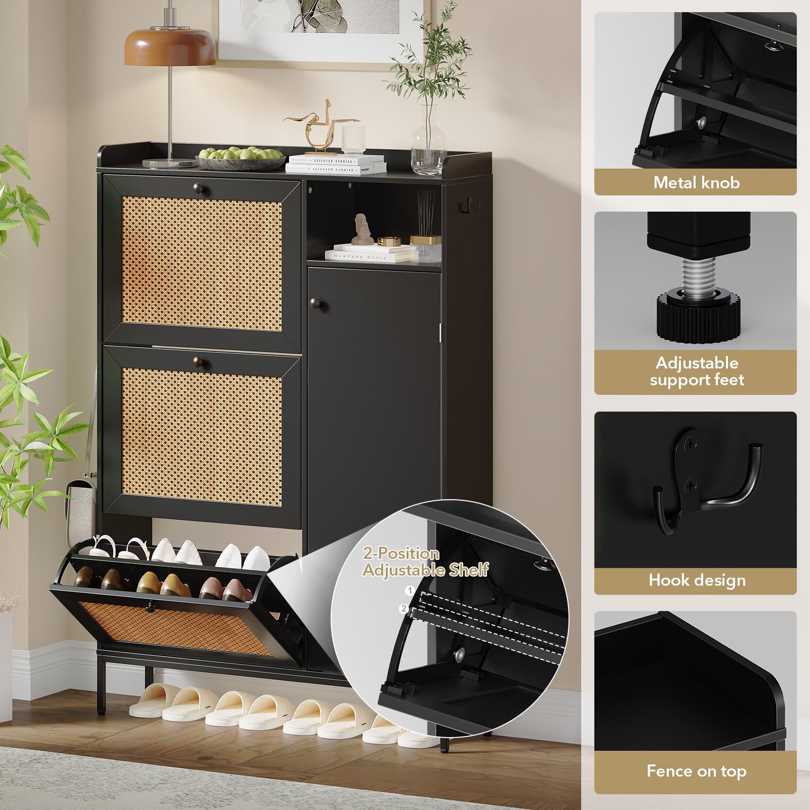 GAOMON 3-Tier Flip Drawer Shoe Storage Cabinet - Rattan Freestanding Shoe Organizer with Adjustable Shelves & Metal Knob for Entryway, Hallway, Closet - Space Saving Narrow Shoe Rack for Small Spaces - Easy Assembly (Black) - Perfect for Apartments, Dorms & Tight Spaces