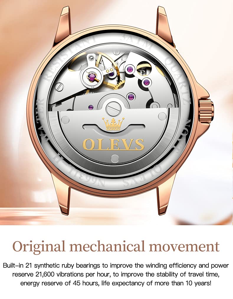 OLEVS Women's Luxury Diamond Automatic Self-Winding Watch - Elegant Stainless Steel & Ceramic Dress Watch with Luminous Hands, Waterproof for Daily Wear - Perfect for Office, Parties & Special Occasions