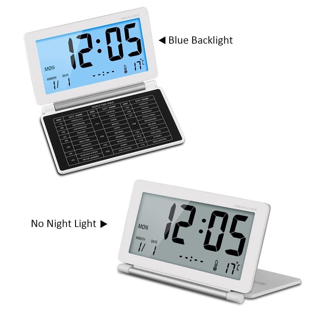 Digital Travel Alarm Clock with LCD Display, Foldable Calendar, Temperature Timer & Snooze Mode - Battery Operated Portable Desk Clock with Large Numbers (12/24H) - Perfect for Home, Office, Travel & Nightstand Use (White)