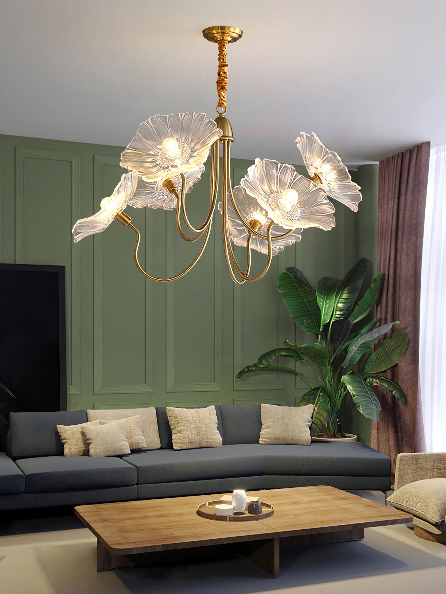 Elegant Lotus Leaf Glass Chandelier - Modern Crystal Ceiling Light Fixture for Dining Room, Living Room & Bedroom Decor