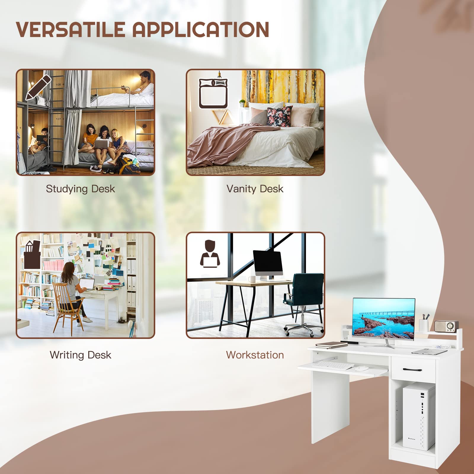 COSTWAY Computer Desk with Hutch - Home Office Desk with Drawer, Adjustable Shelf & Keyboard Tray | Study Writing Desk & Executive Workstation for Living Room, Bedroom & Office (White) | Perfect for Remote Work, Online Classes & Home Office Setup