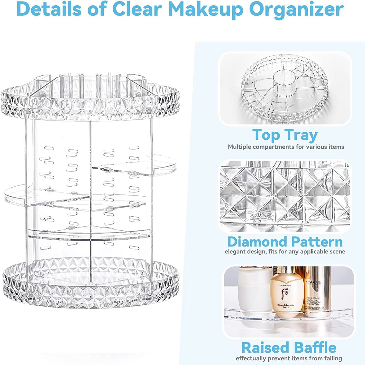 360° Rotating Makeup Organizer with Adjustable Rotation - Multi-Functional Cosmetic Storage for Vanity, Bathroom & Travel - Owelth Makeup Brush Holder & Beauty Accessories Organizer