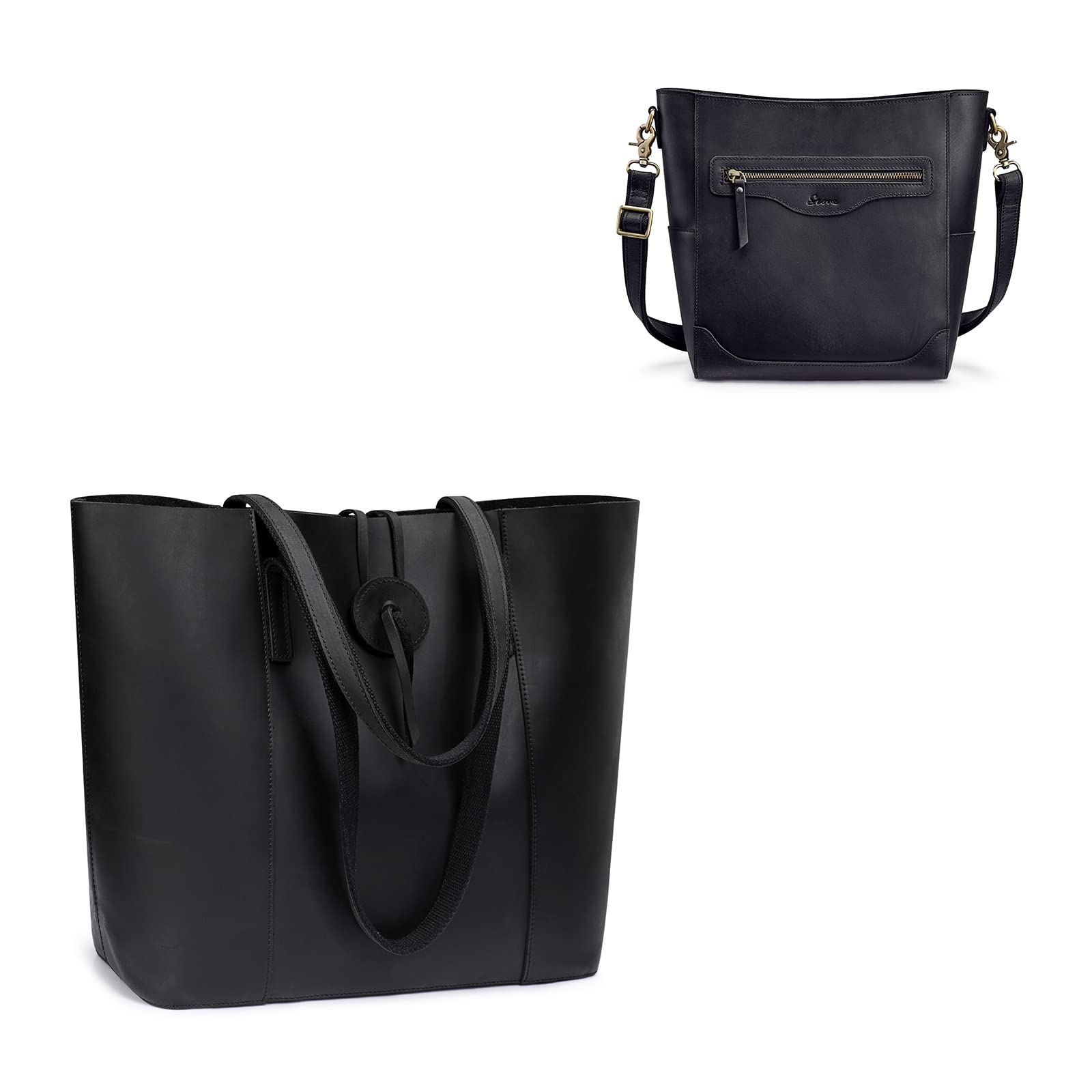 S-ZONE Genuine Leather Tote Bag for Women - Stylish Shoulder Handbag & Crossbody Bucket Purse Set - Perfect for Work, Travel and Daily Use