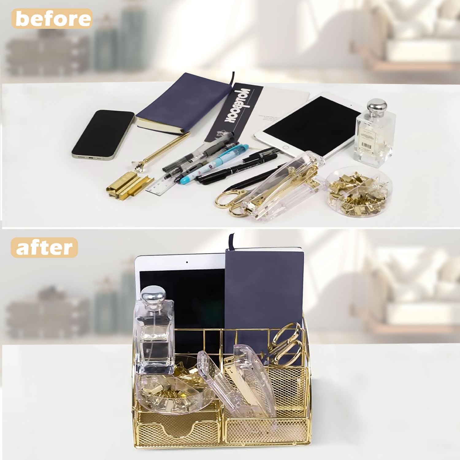 Rose Gold 13-Piece Office Desk Organizer Set - Acrylic Stapler, Staple Remover, Paper Clips, Scissors, Phone Stand, Pen Holder & Tape Dispenser | Stylish Workspace Accessories for Home & Office Organization