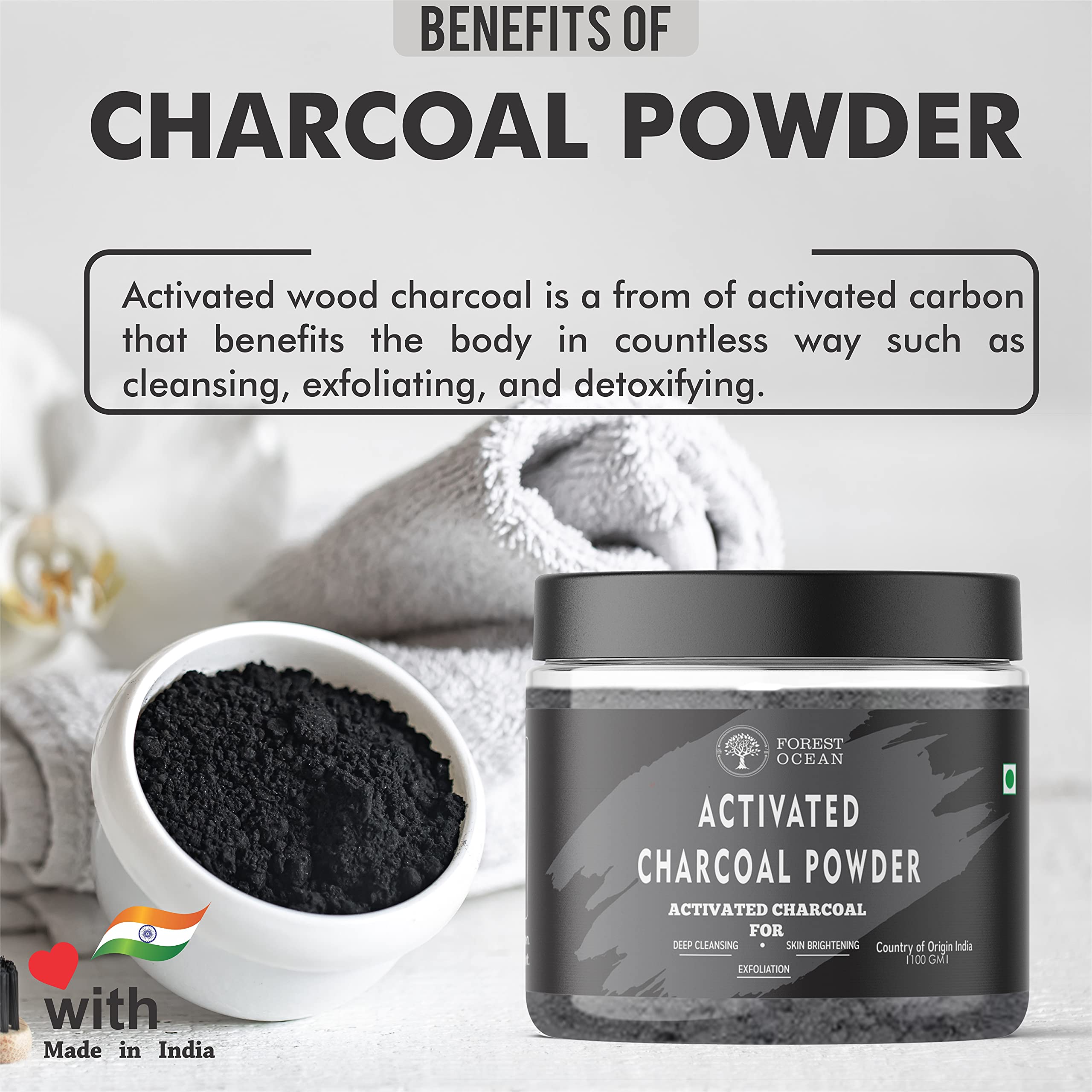 Forest Ocean Sandalwood Powder, Multani Mitti Powder & Activated Charcoal Powder Combo Pack (100g Each - 3 Pack) - Natural Hair Care, Face Wash & Skin Treatment - Perfect for DIY Beauty Masks, Acne Treatment & Scalp Detox
