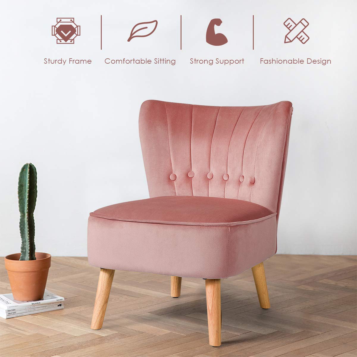 Giantex Modern Velvet Accent Chair - Pink Small Upholstered Armless Wingback Sofa with Wood Legs, Thick Padded Button Tufted Design for Living Room, Bedroom, Office or Reading Nook | Comfortable Lounge Chair for Relaxing & Home Decor