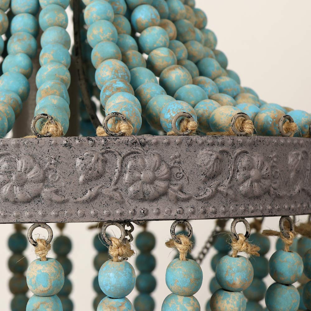 Bohemian Blue Wood Bead Chandelier Pendant Light - Handcrafted Wooden Bead Ceiling Lamp with Plug-in Cord for Bedroom, Island, Dining Room - Perfect for Coastal, Beach House & Boho Home Decor