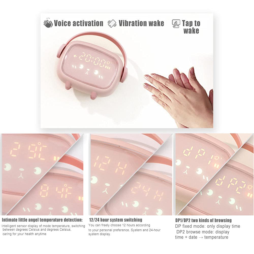 Smart LED Night Light Alarm Clock with Timer & Countdown - Cute Pink Kids Bedroom Decor for Sleep Training & Nursery Room Lighting