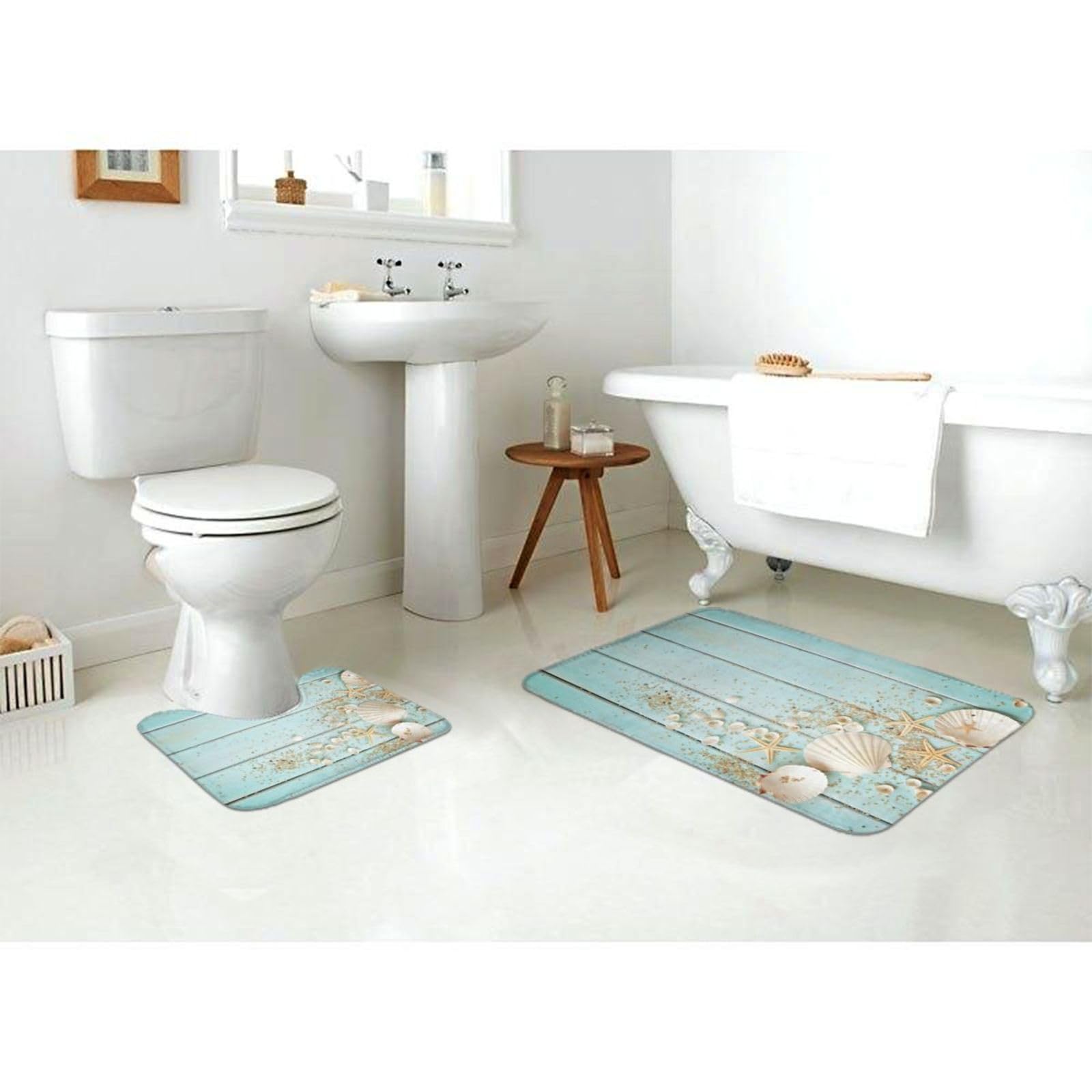 2-Piece Seashell Bathroom Rug Set - Non-Slip Microfiber Bath Mat & Toilet Contour Mat for Shower, Tub & Bathroom Decor | Soft, Machine Washable & Water Absorbent | Perfect for Coastal, Beach & Nautical Themed Bathrooms