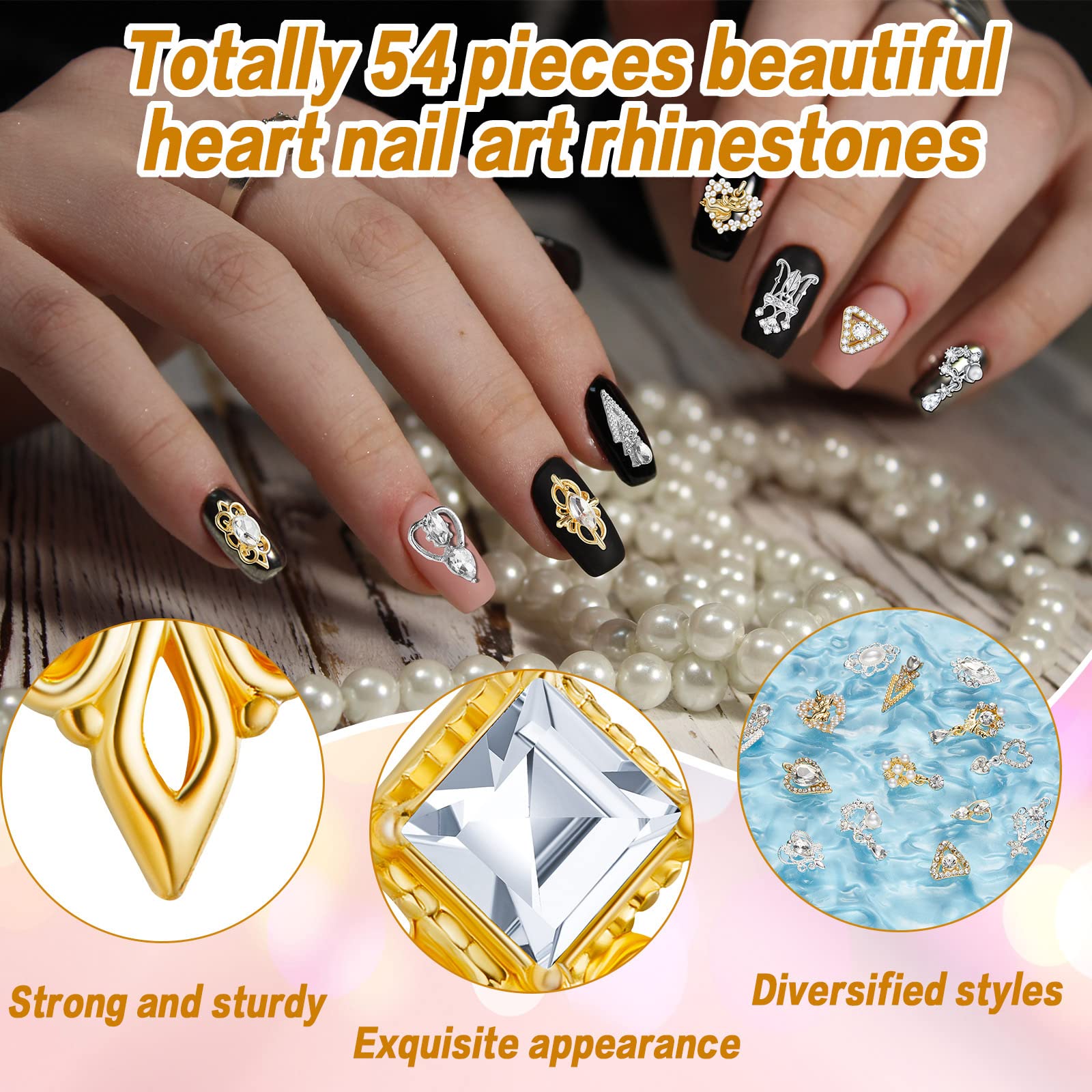 Maitys 54-Piece Gold & Silver 3D Nail Charms Set - Alloy Rhinestone Heart Dangle Jewelry, Crystal Metal Nail Gems with Flower Studs for DIY Nail Art | Perfect for Christmas, Parties, Weddings & Special Occasions
