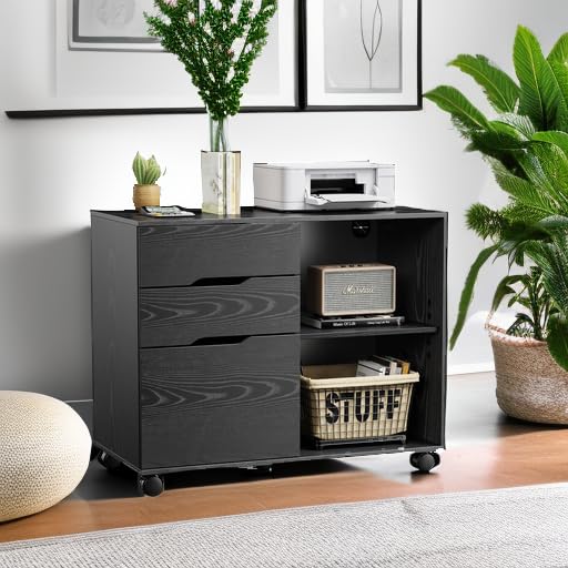 NewBULIG 3-Drawer Mobile Wooden Lateral Rolling File Cabinet with Adjustable Shelves - Printer Stand with Wheels for Home Office Organization, Black - Perfect for Document Storage & Workspace Organization