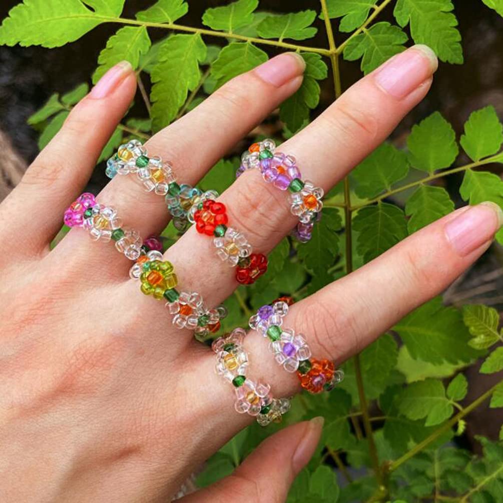 Handmade Stretch Crystal Bead Flower Rings - Colorful Adjustable Rice Bead Ring Set for Women & Girls | Perfect for Parties, Weddings, and Everyday Fashion Accessories
