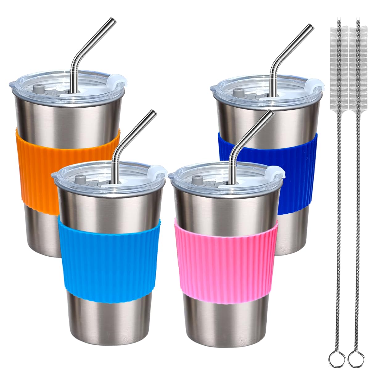 NAVACAL 4 Pack 500ml Stainless Steel Cups with Lids and Straws - Reusable, Leakproof, BPA Free, Unbreakable Metal Tumbler for Coffee, Beer, Smoothies - Perfect for Camping, Travel, Office and Outdoor Activities