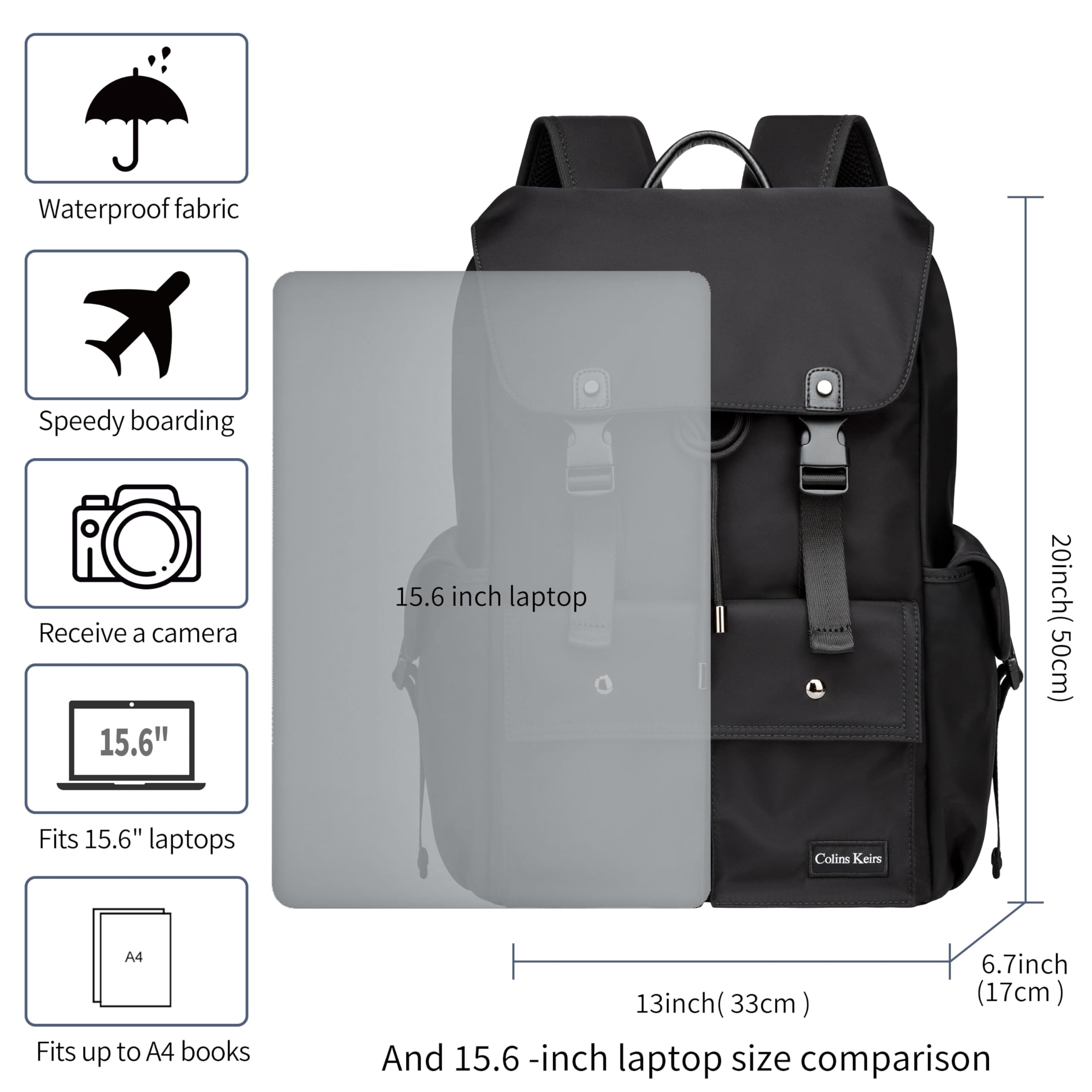 Men's Black 16 Inch Laptop Backpack - 30L Anti-Theft Waterproof Tech Backpack with Drawstring & Dedicated Laptop Compartment - Perfect for Work, Travel & College