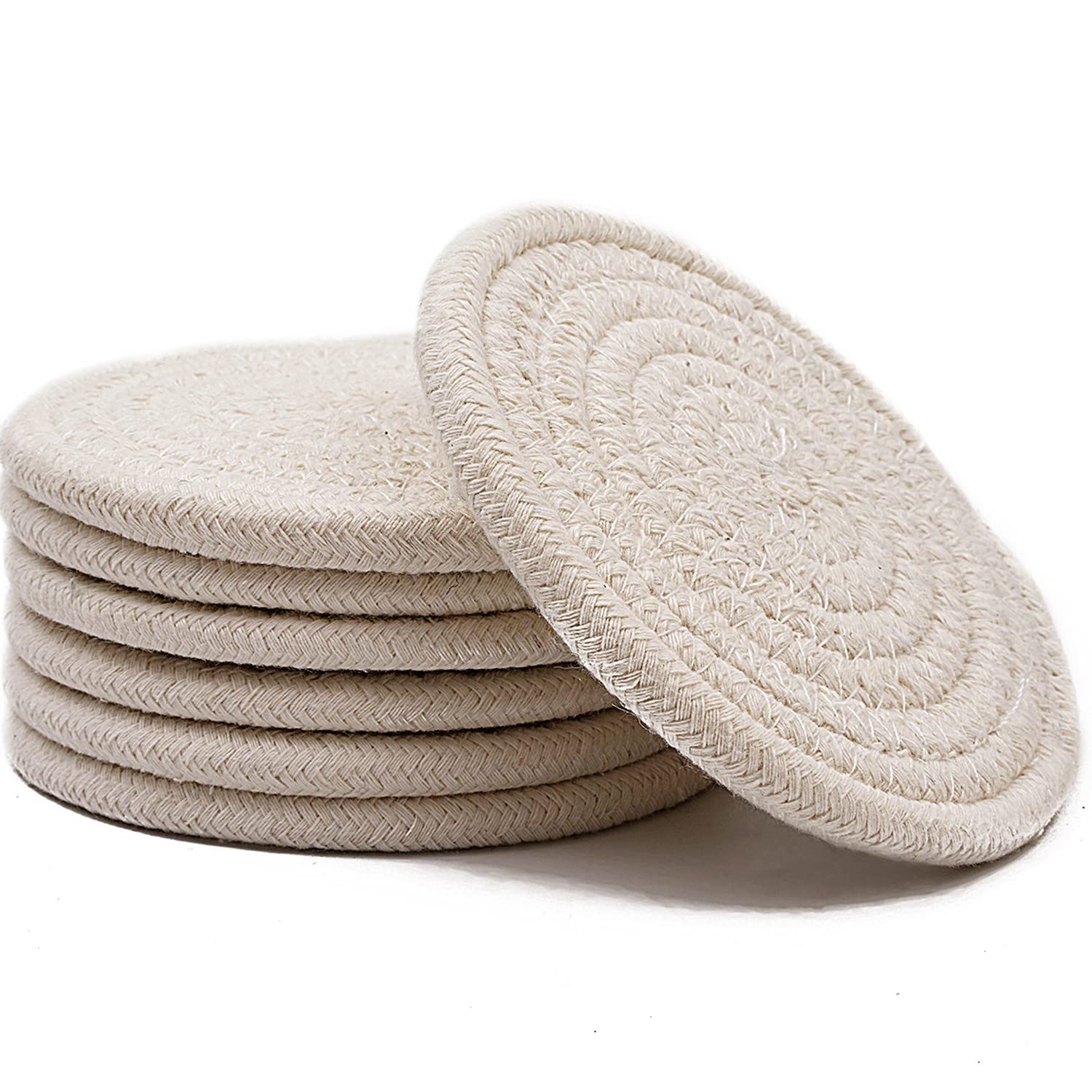 Premium Handmade Braided Absorbent Drink Coasters - 6 Pack (4.3 Inch Round, 8mm Thick) | Heat-Resistant & Super Absorbent | Perfect for Coffee, Wine & Beverages | Elegant Beige Home Decor & Housewarming Gift for Kitchen, Dining Room or Office