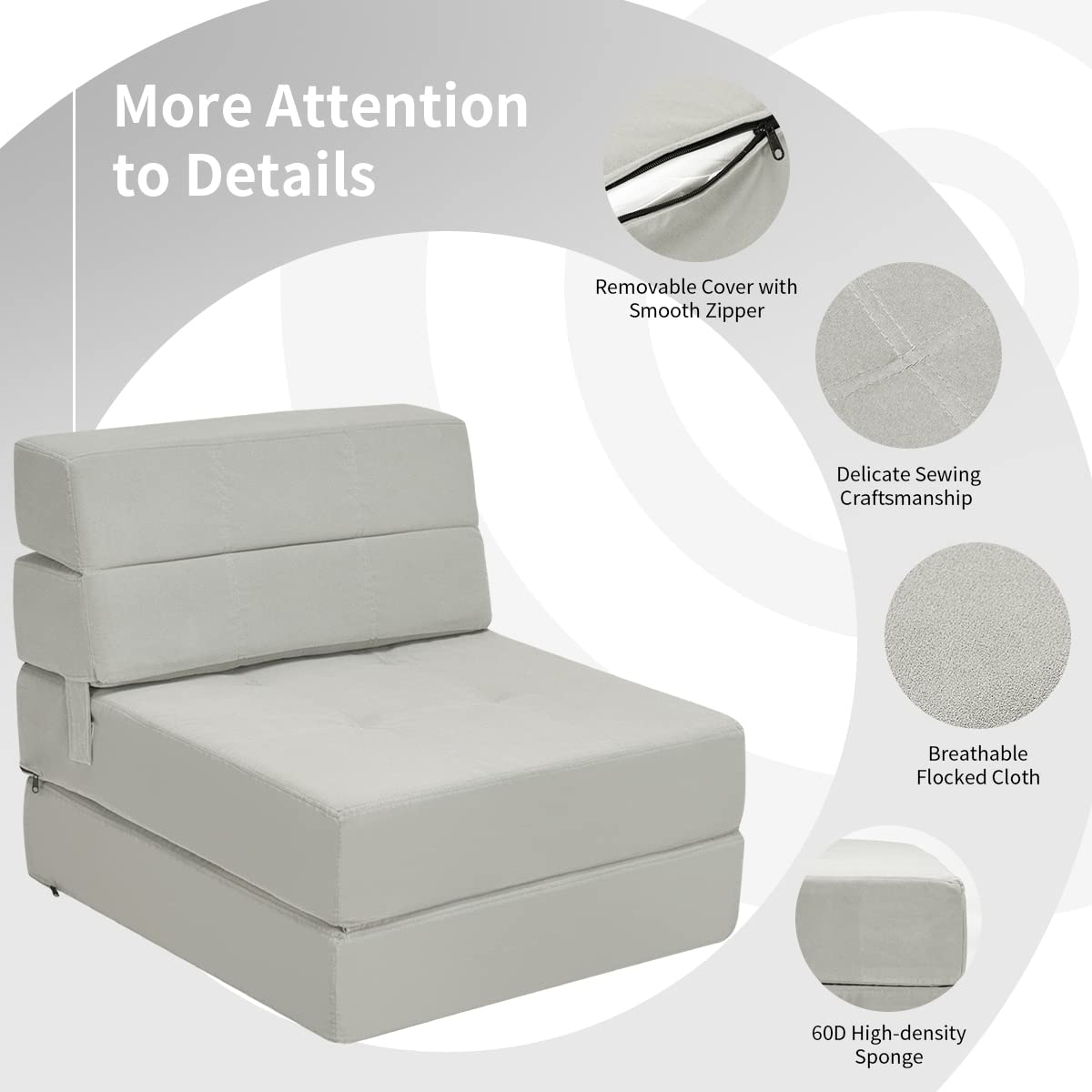 Casart Tri-Fold Memory Foam Sofa Bed - Portable Folding Sleeper with Washable Cover, Padded Cushion Guest Chaise Lounge (Gray) - Perfect for Small Spaces, Guest Rooms & Apartments