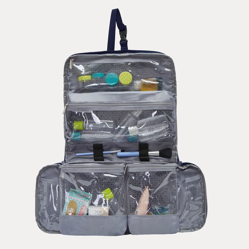 Travelon Flat Out Hanging Toiletry Kit - Water-Resistant Cosmetic Bag with Hooks for Travel, Midnight Blue - Perfect for Camping, Business Trips & Vacation Organization